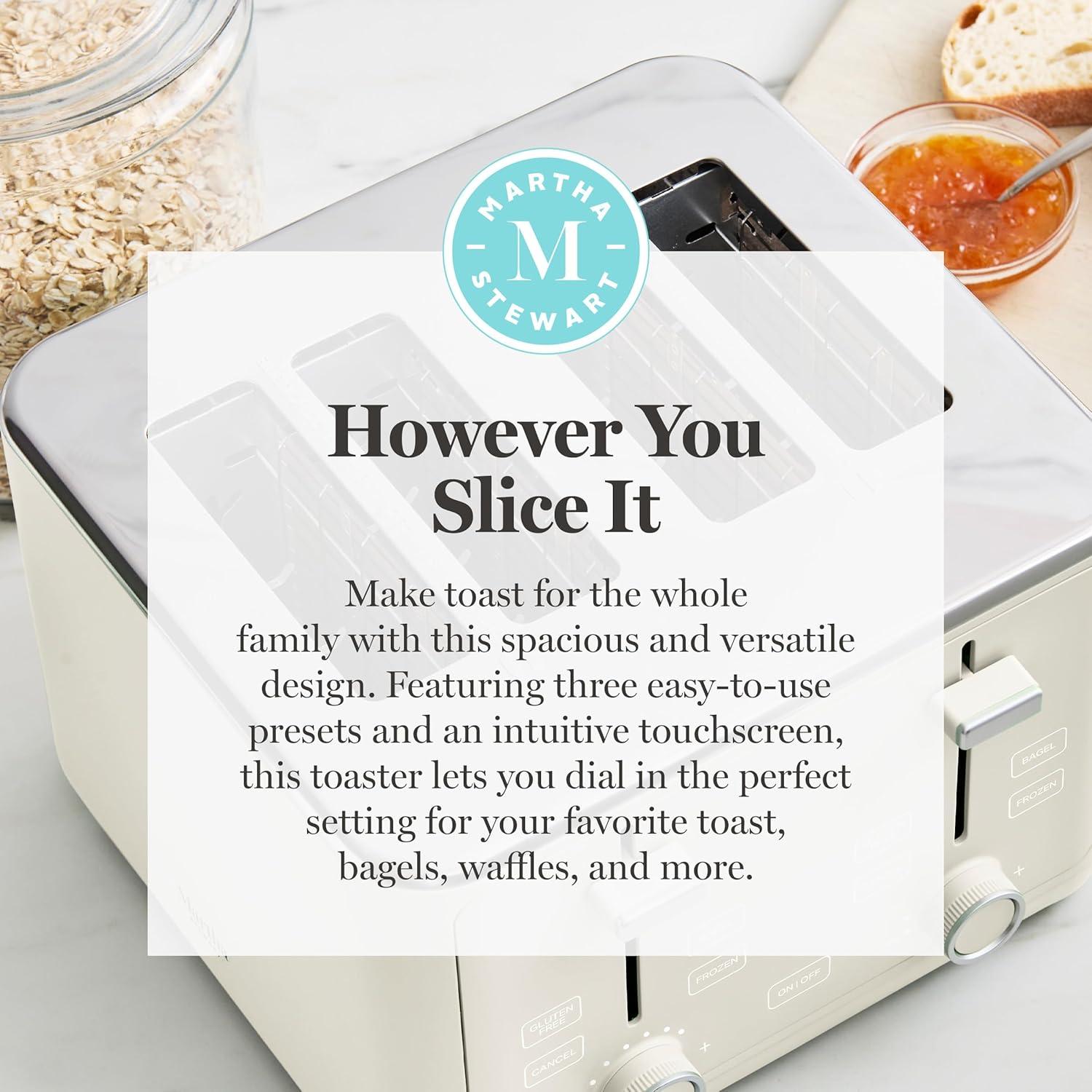 image:imageMartha Stewart 4 Slice Toaster 10 Shade Settings with Defrost Cancel Bagel amp GlutenFree ExtraWide SelfCentering Slots for Waffles amp Artisan Bread Removable Crumb Tray Cord Wrap 1800W LinenLinen White