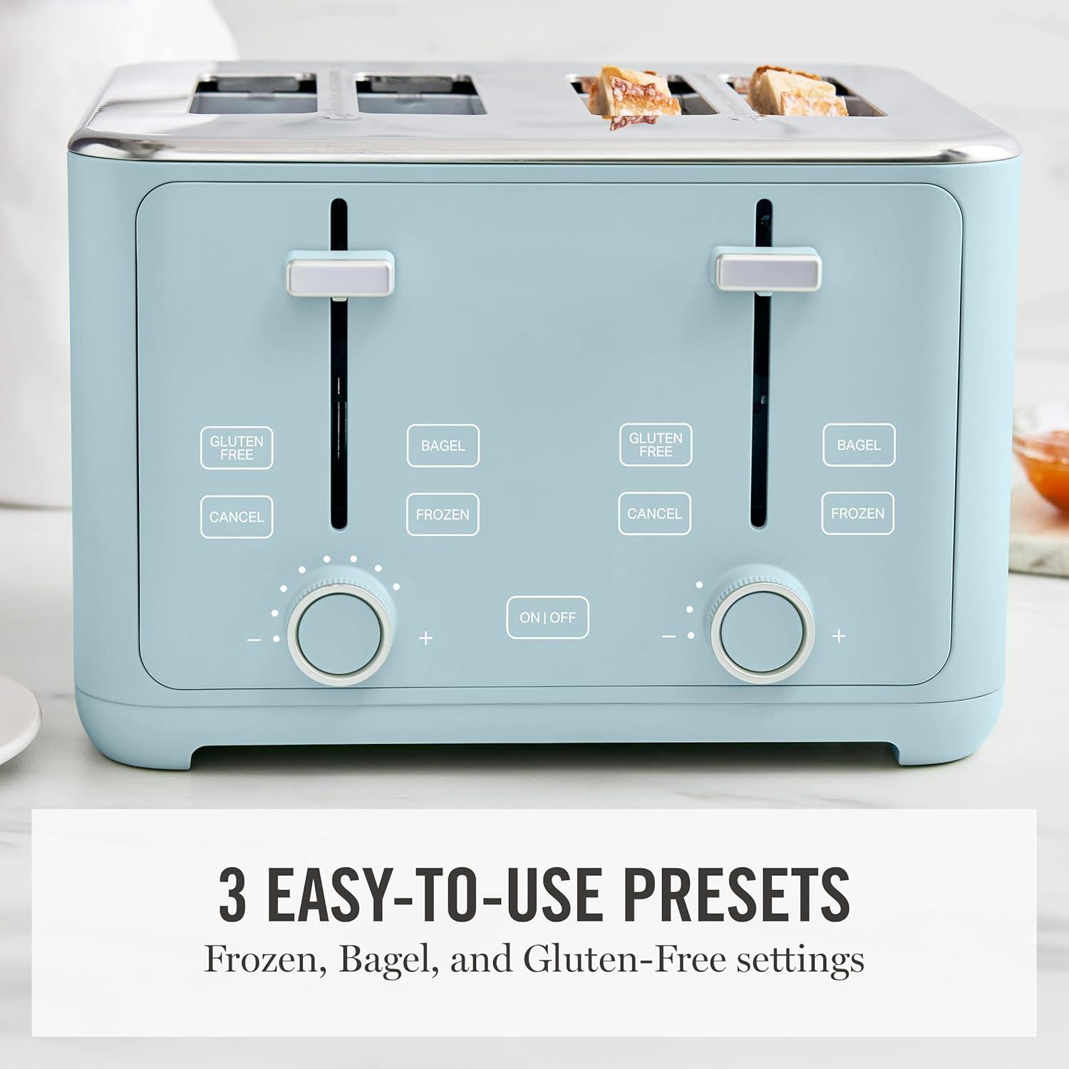 image:imageMartha Stewart 4 Slice Toaster 10 Shade Settings with Defrost Cancel Bagel amp GlutenFree ExtraWide SelfCentering Slots for Waffles amp Artisan Bread Removable Crumb Tray Cord Wrap 1800W LinenSky Blue