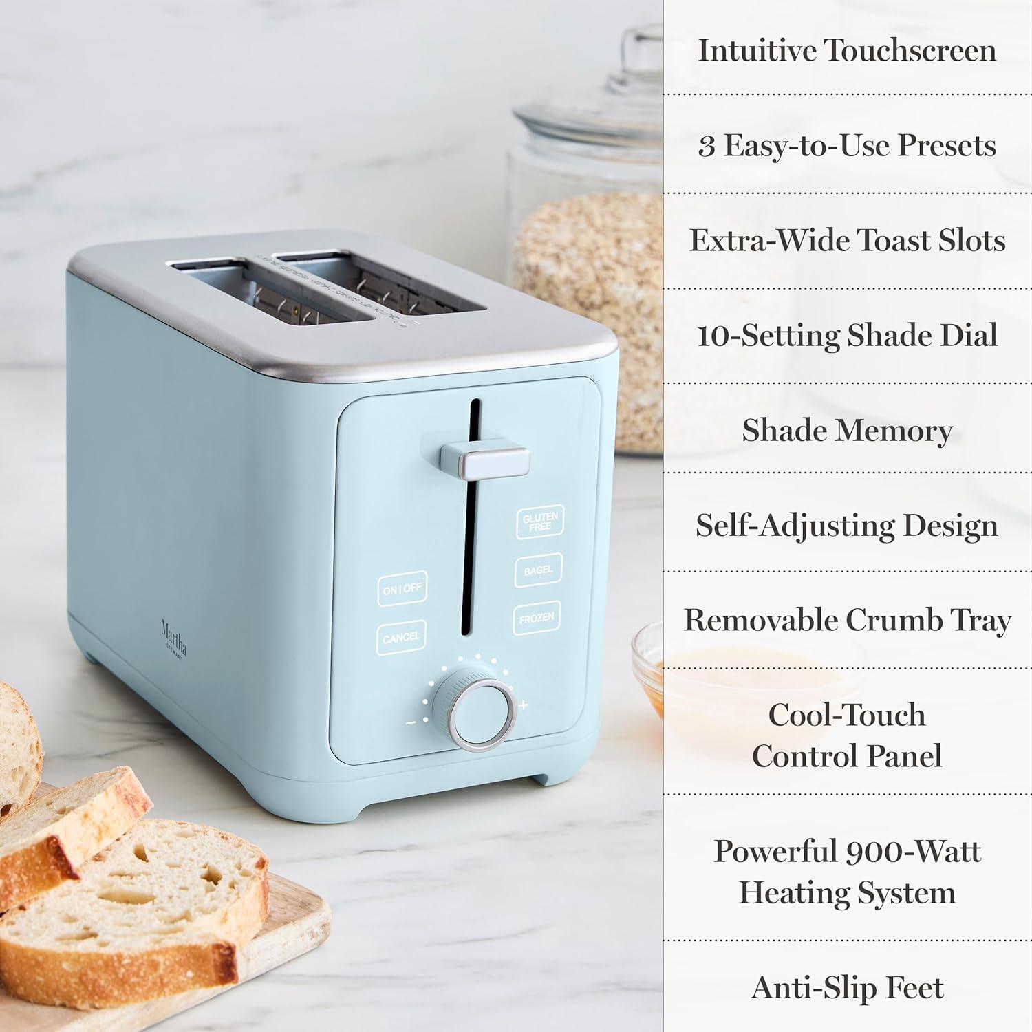 image:imageMartha Stewart 4 Slice Toaster 10 Shade Settings with Defrost Cancel Bagel amp GlutenFree ExtraWide SelfCentering Slots for Waffles amp Artisan Bread Removable Crumb Tray Cord Wrap 1800W LinenSky Blue