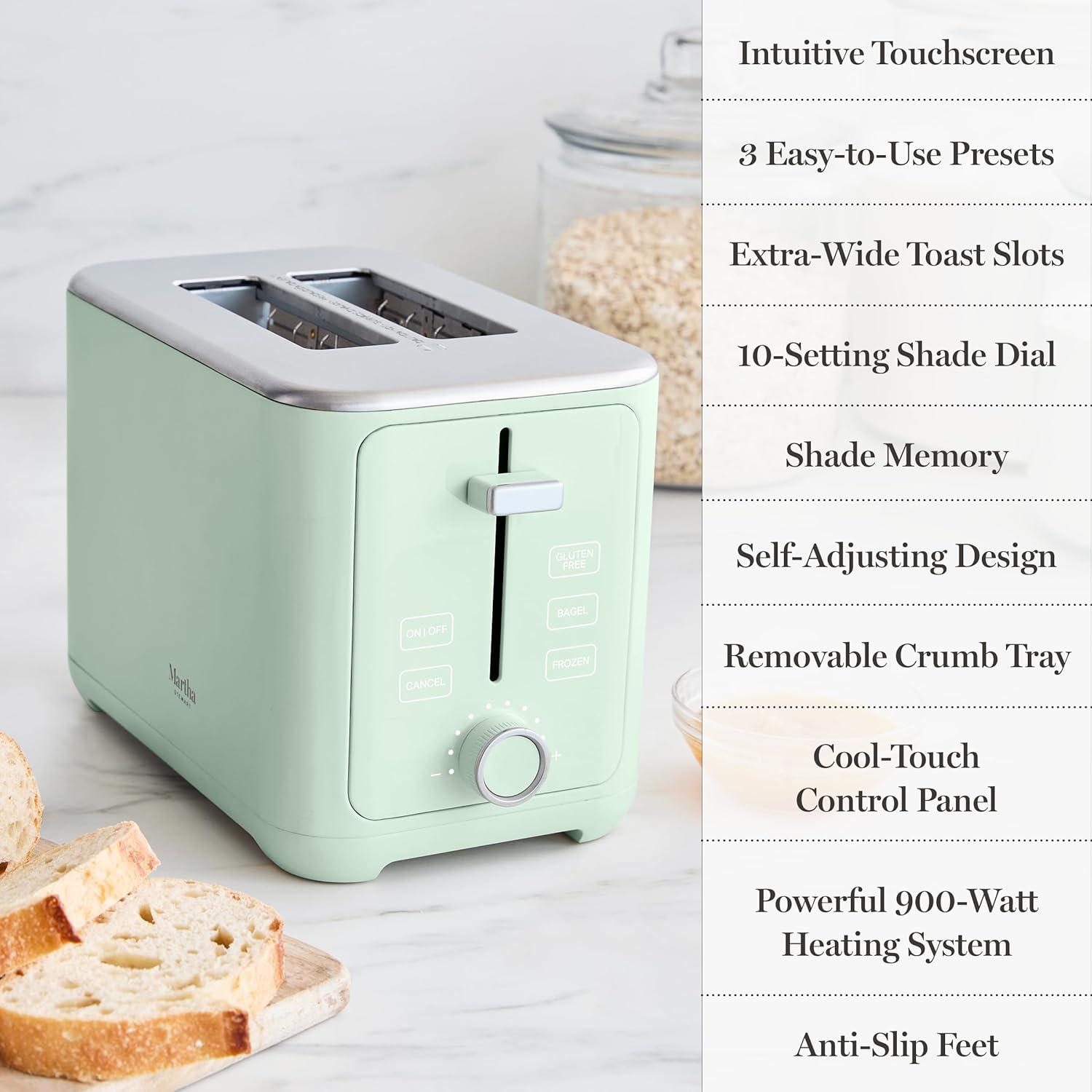 image:imageMartha Stewart 4 Slice Toaster 10 Shade Settings with Defrost Cancel Bagel amp GlutenFree ExtraWide SelfCentering Slots for Waffles amp Artisan Bread Removable Crumb Tray Cord Wrap 1800W LinenHoneydew Green
