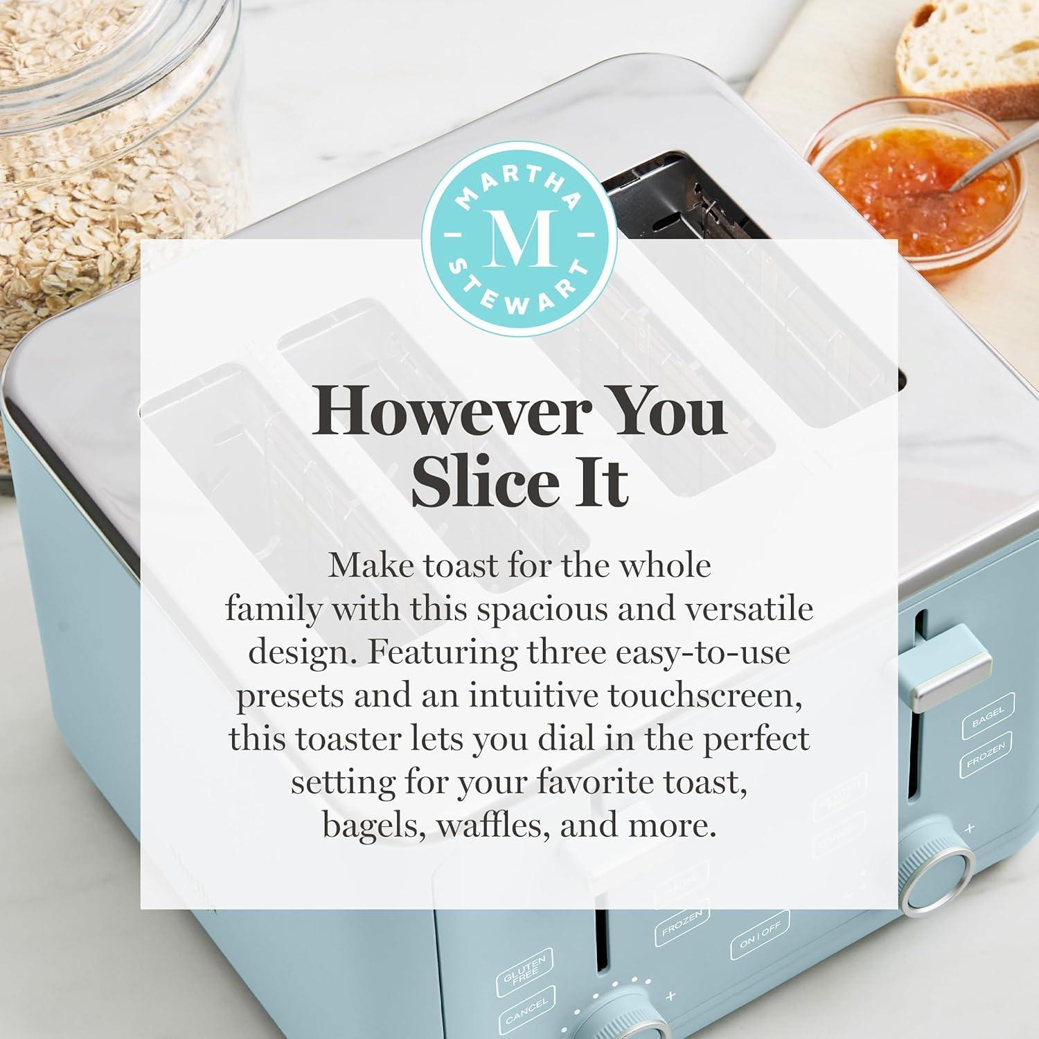 image:imageMartha Stewart 4 Slice Toaster 10 Shade Settings with Defrost Cancel Bagel amp GlutenFree ExtraWide SelfCentering Slots for Waffles amp Artisan Bread Removable Crumb Tray Cord Wrap 1800W LinenSky Blue