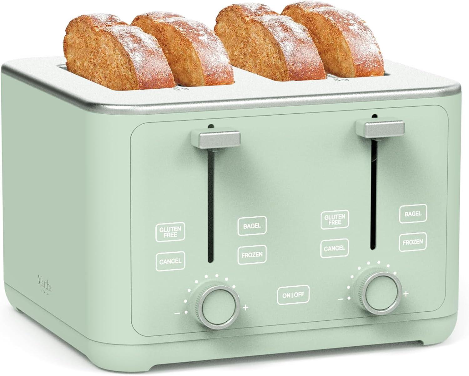 image:imageMartha Stewart 4 Slice Toaster 10 Shade Settings with Defrost Cancel Bagel amp GlutenFree ExtraWide SelfCentering Slots for Waffles amp Artisan Bread Removable Crumb Tray Cord Wrap 1800W LinenHoneydew Green
