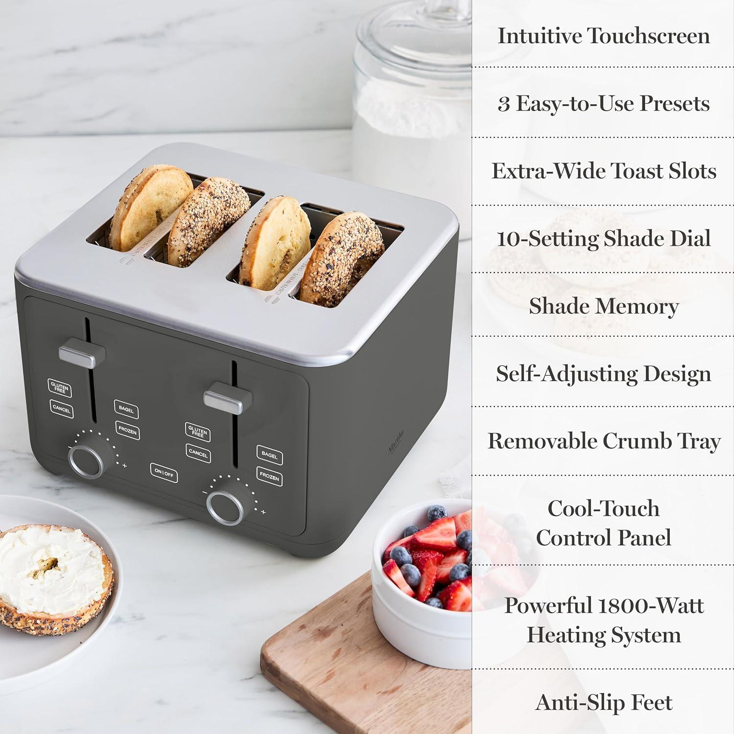 image:imageMartha Stewart 4 Slice Toaster 10 Shade Settings with Defrost Cancel Bagel amp GlutenFree ExtraWide SelfCentering Slots for Waffles amp Artisan Bread Removable Crumb Tray Cord Wrap 1800W LinenCaviar Gray