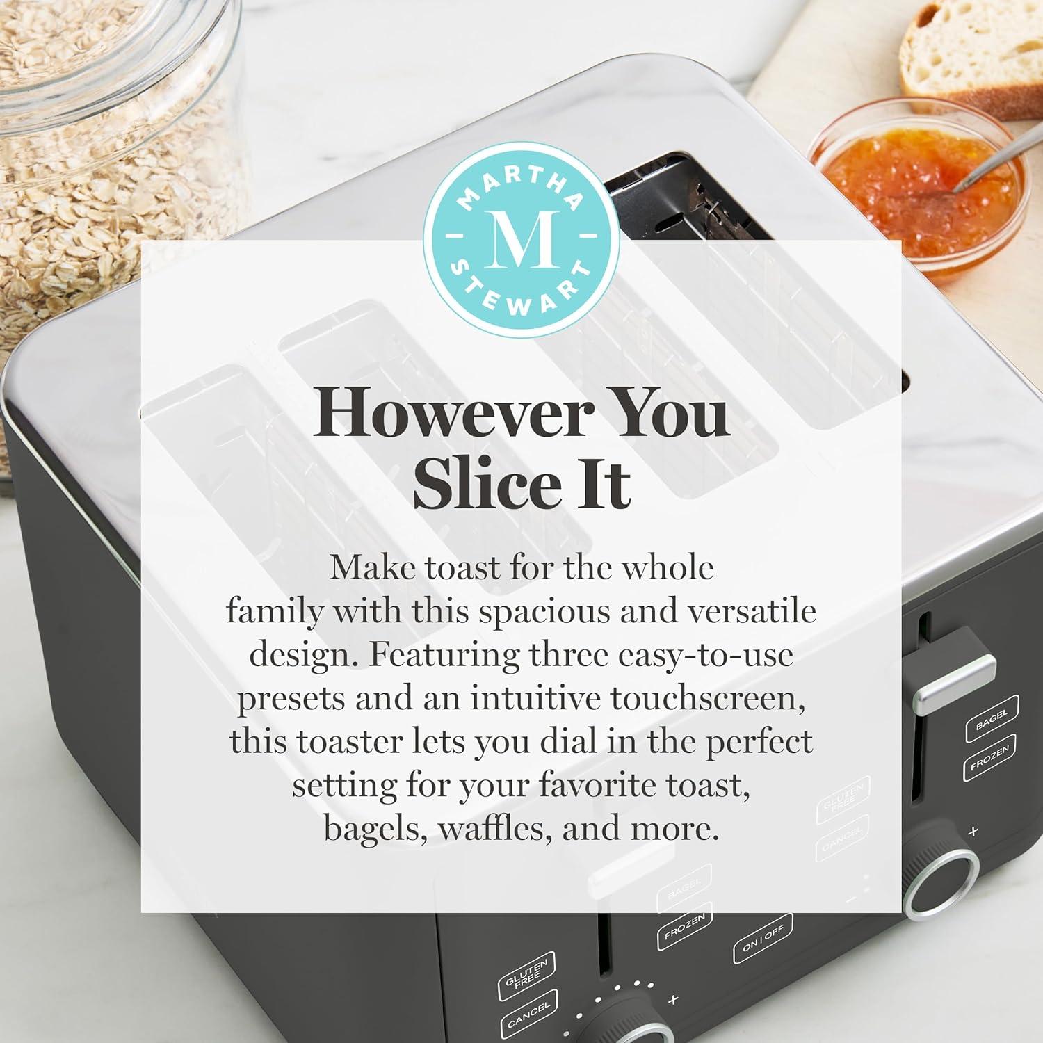 image:imageMartha Stewart 4 Slice Toaster 10 Shade Settings with Defrost Cancel Bagel amp GlutenFree ExtraWide SelfCentering Slots for Waffles amp Artisan Bread Removable Crumb Tray Cord Wrap 1800W LinenCaviar Gray