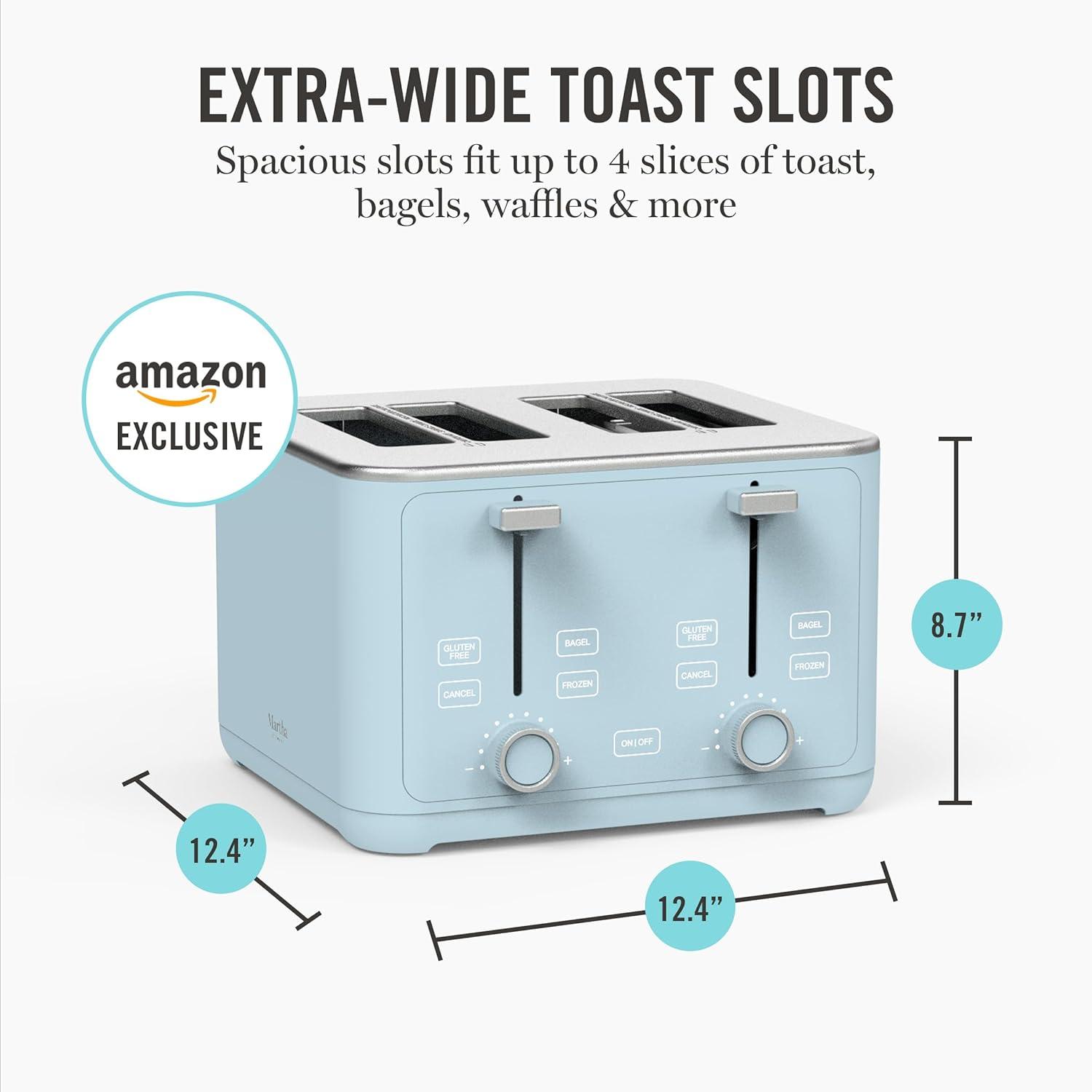 image:imageMartha Stewart 4 Slice Toaster 10 Shade Settings with Defrost Cancel Bagel amp GlutenFree ExtraWide SelfCentering Slots for Waffles amp Artisan Bread Removable Crumb Tray Cord Wrap 1800W LinenSky Blue