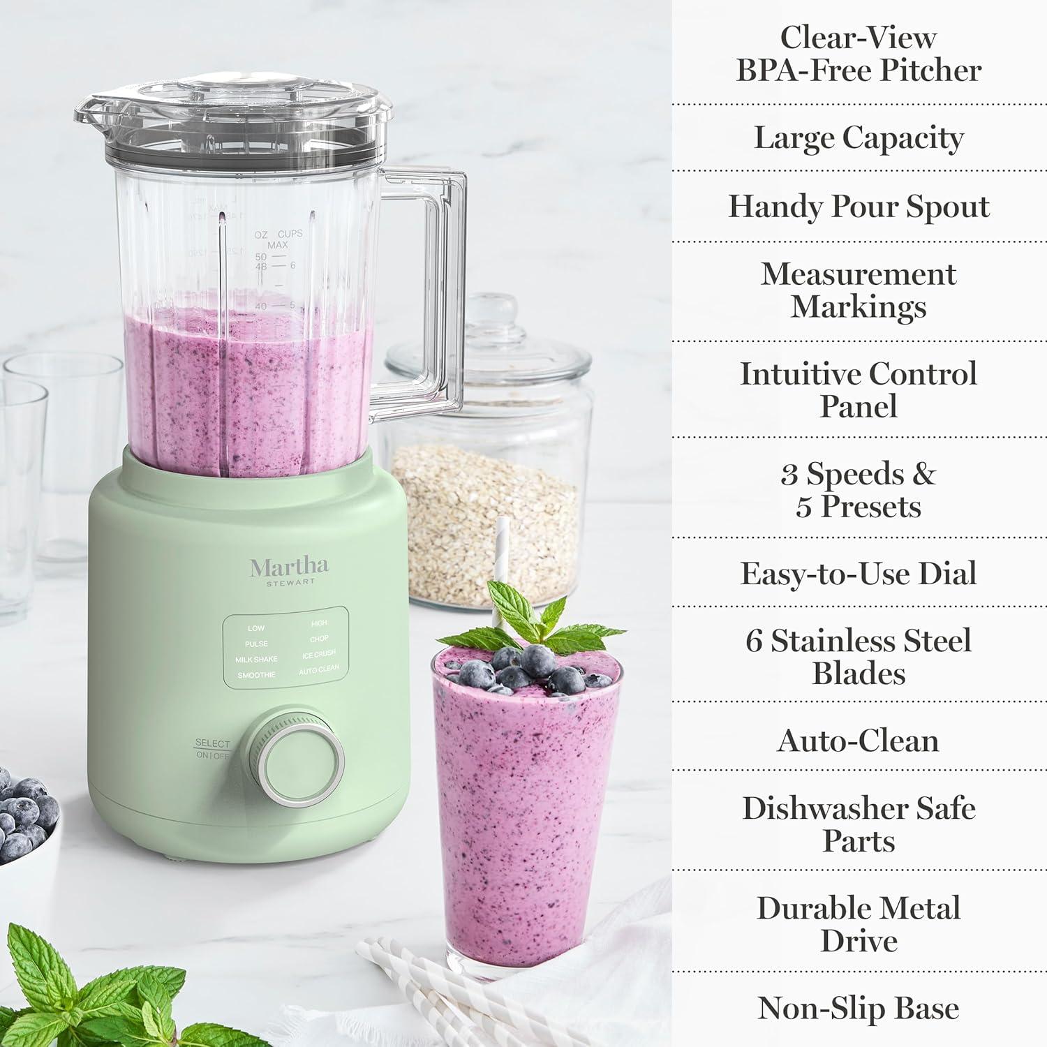 image:imageMartha Stewart 50oz Countertop Blender Smoothie Margarita amp Ice Crushing Blender BPAFree Pitcher 3 Speeds 5 Presets AutoClean Function Dishwasher Safe Stainless Steel Blades Linen CreamHoneydew Green