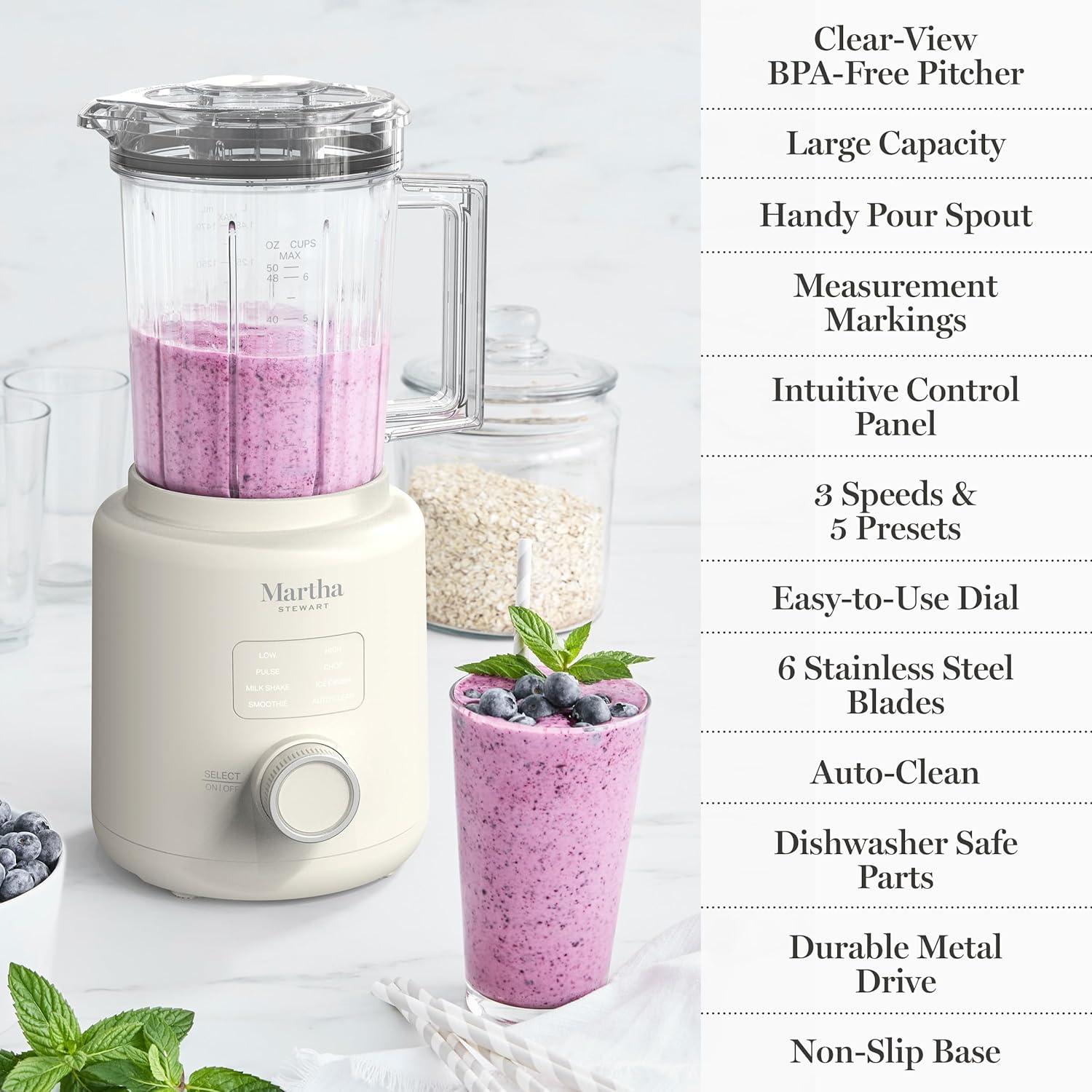 image:imageMartha Stewart 50oz Countertop Blender Smoothie Margarita amp Ice Crushing Blender BPAFree Pitcher 3 Speeds 5 Presets AutoClean Function Dishwasher Safe Stainless Steel Blades Linen CreamLinen White