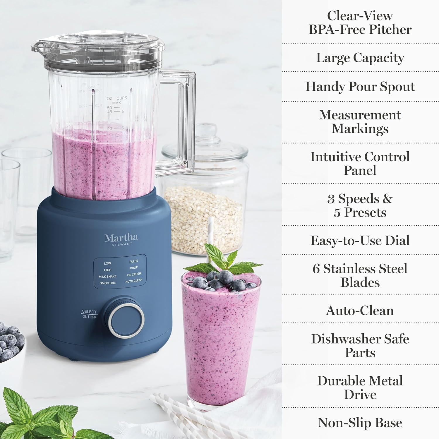image:imageMartha Stewart 50oz Countertop Blender Smoothie Margarita amp Ice Crushing Blender BPAFree Pitcher 3 Speeds 5 Presets AutoClean Function Dishwasher Safe Stainless Steel Blades Linen CreamIndigo Blue