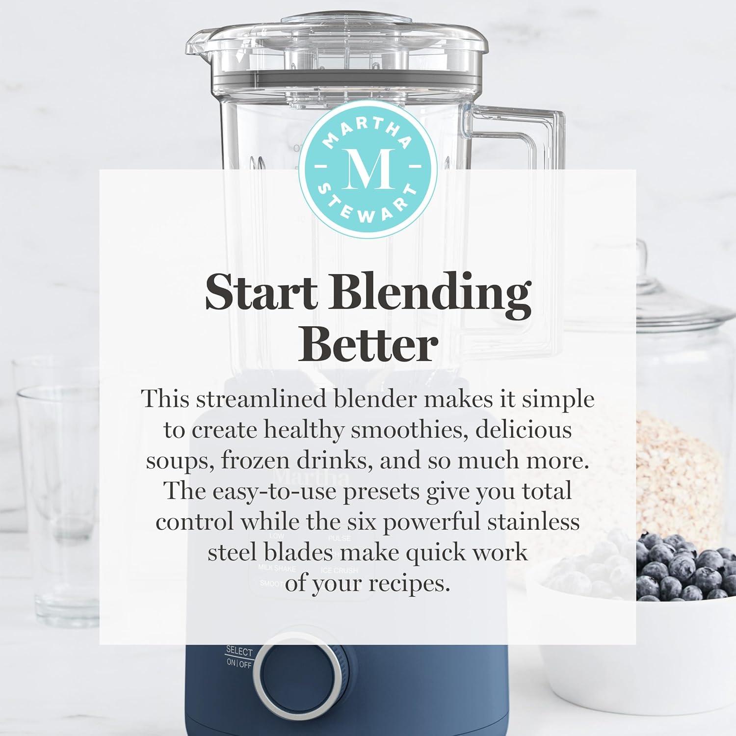 image:imageMartha Stewart 50oz Countertop Blender Smoothie Margarita amp Ice Crushing Blender BPAFree Pitcher 3 Speeds 5 Presets AutoClean Function Dishwasher Safe Stainless Steel Blades Linen CreamIndigo Blue