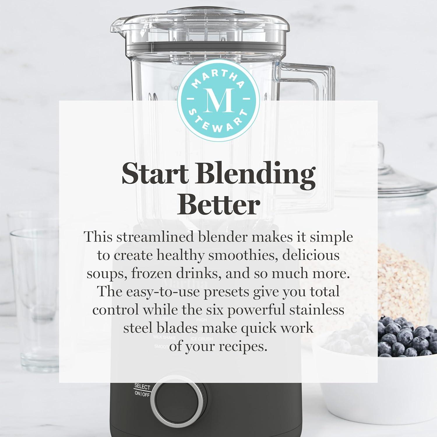 image:imageMartha Stewart 50oz Countertop Blender Smoothie Margarita amp Ice Crushing Blender BPAFree Pitcher 3 Speeds 5 Presets AutoClean Function Dishwasher Safe Stainless Steel Blades Linen CreamCaviar Gray