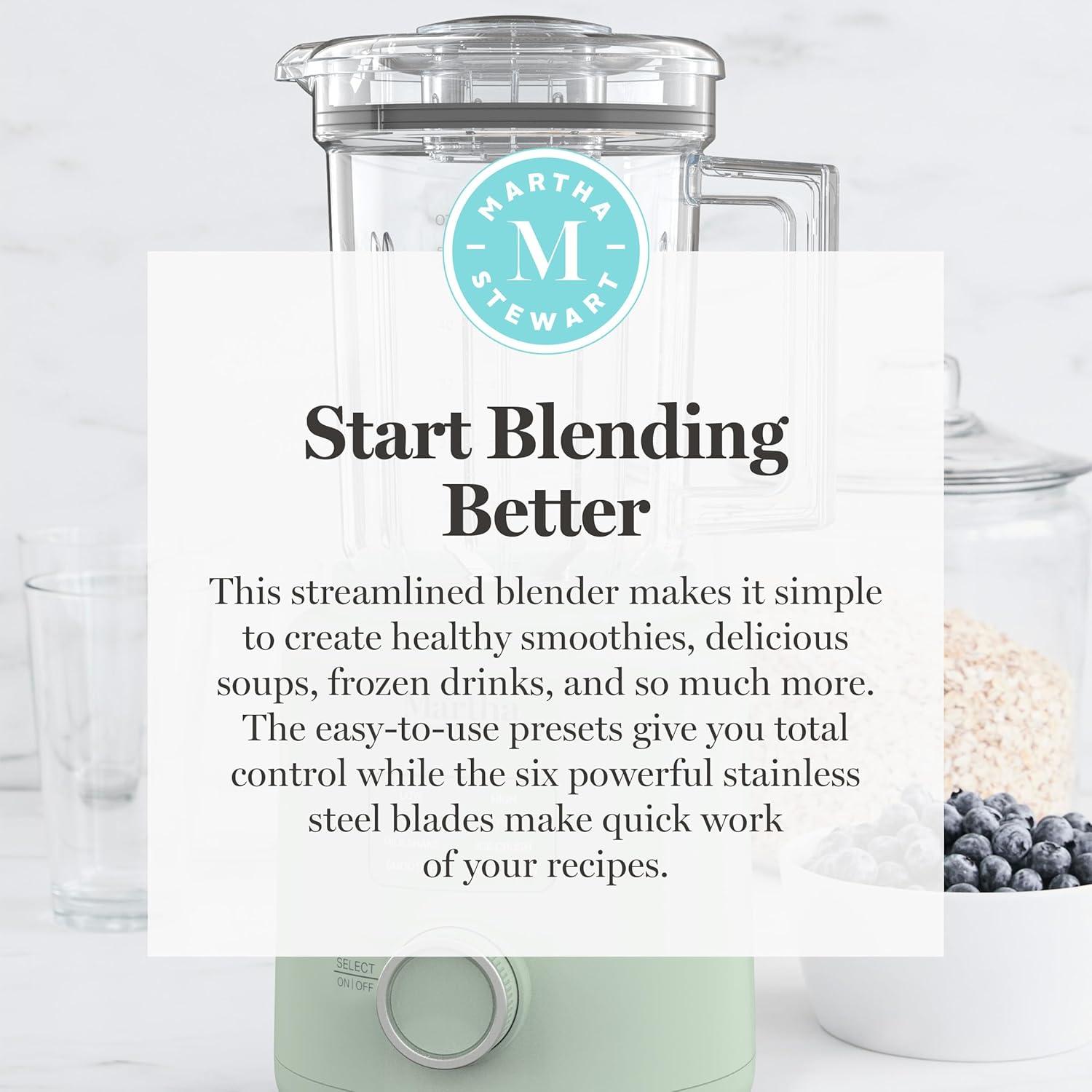 image:imageMartha Stewart 50oz Countertop Blender Smoothie Margarita amp Ice Crushing Blender BPAFree Pitcher 3 Speeds 5 Presets AutoClean Function Dishwasher Safe Stainless Steel Blades Linen CreamHoneydew Green