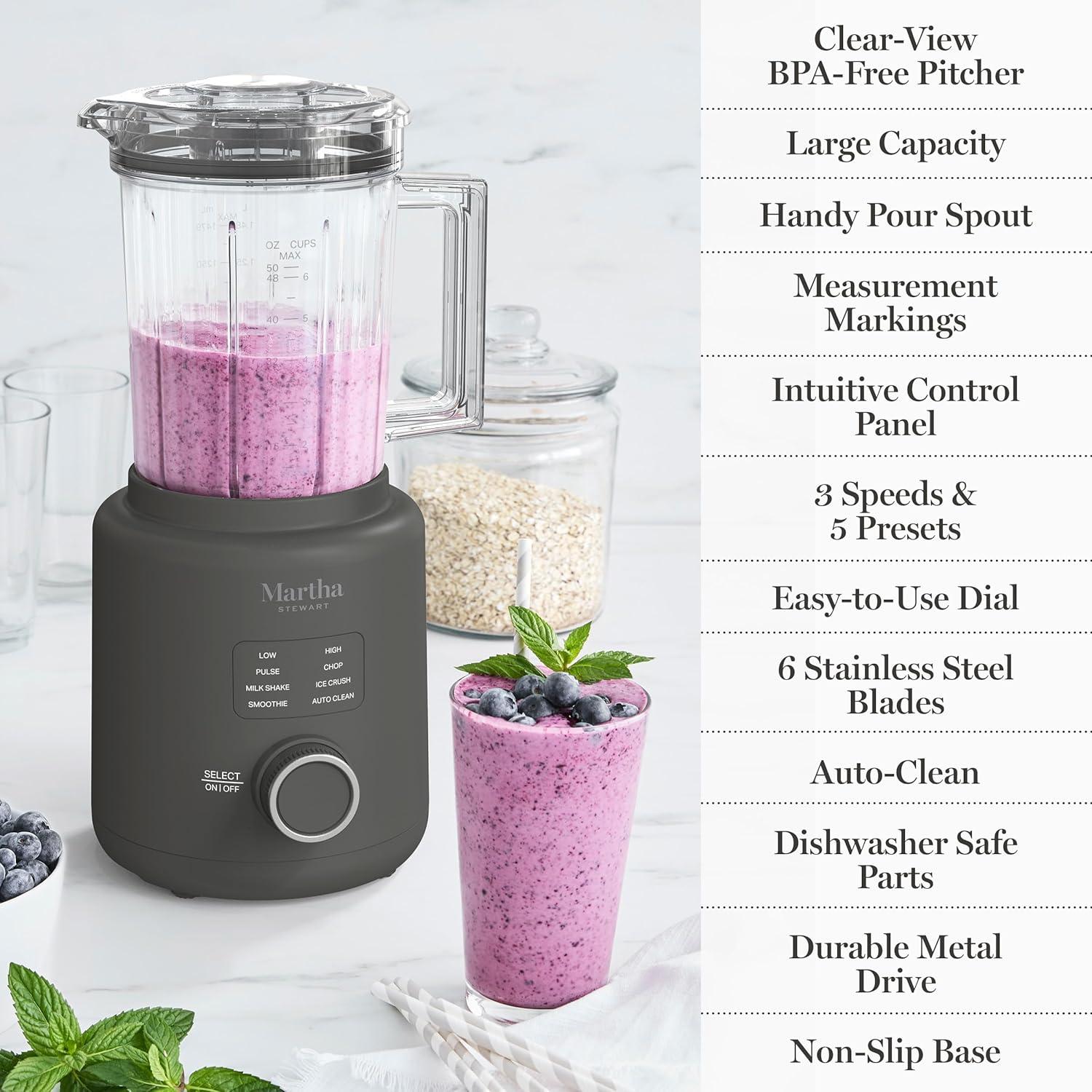 image:imageMartha Stewart 50oz Countertop Blender Smoothie Margarita amp Ice Crushing Blender BPAFree Pitcher 3 Speeds 5 Presets AutoClean Function Dishwasher Safe Stainless Steel Blades Linen CreamCaviar Gray