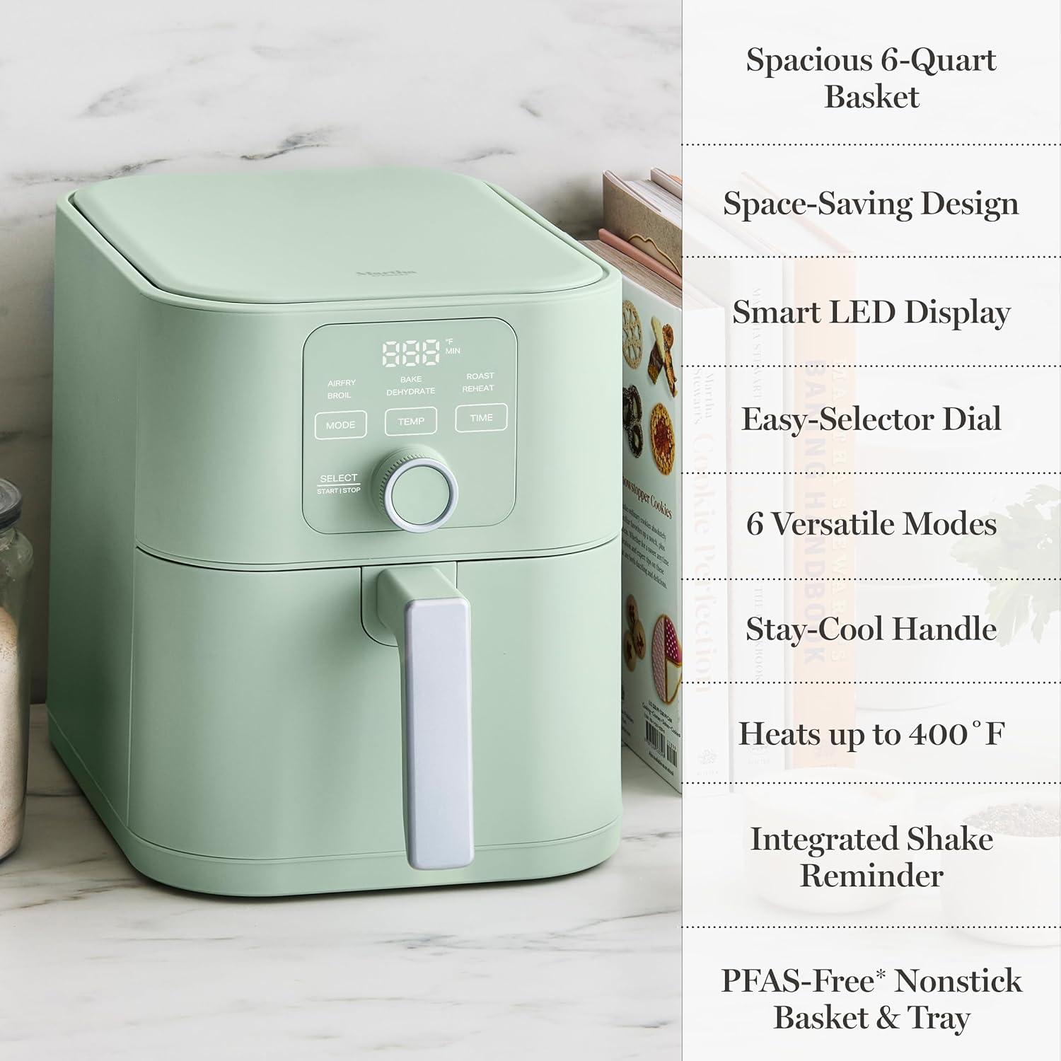 image:imageMartha Stewart 6QT Air Fryer 6in1 Bake Broil Roast Air Fry Dehydrate Reheat Ceramic NonStick Basket Crispy Results Fast 400F Max Temp Shake Reminder Auto ShutOff Linen CreamHoneydew Green