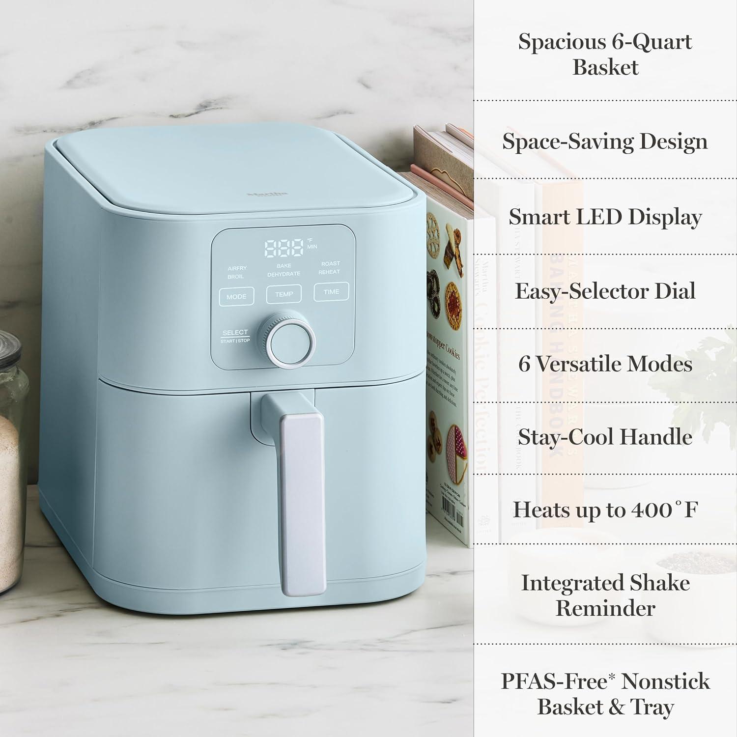 image:imageMartha Stewart 6QT Air Fryer 6in1 Bake Broil Roast Air Fry Dehydrate Reheat Ceramic NonStick Basket Crispy Results Fast 400F Max Temp Shake Reminder Auto ShutOff Linen CreamSky Blue