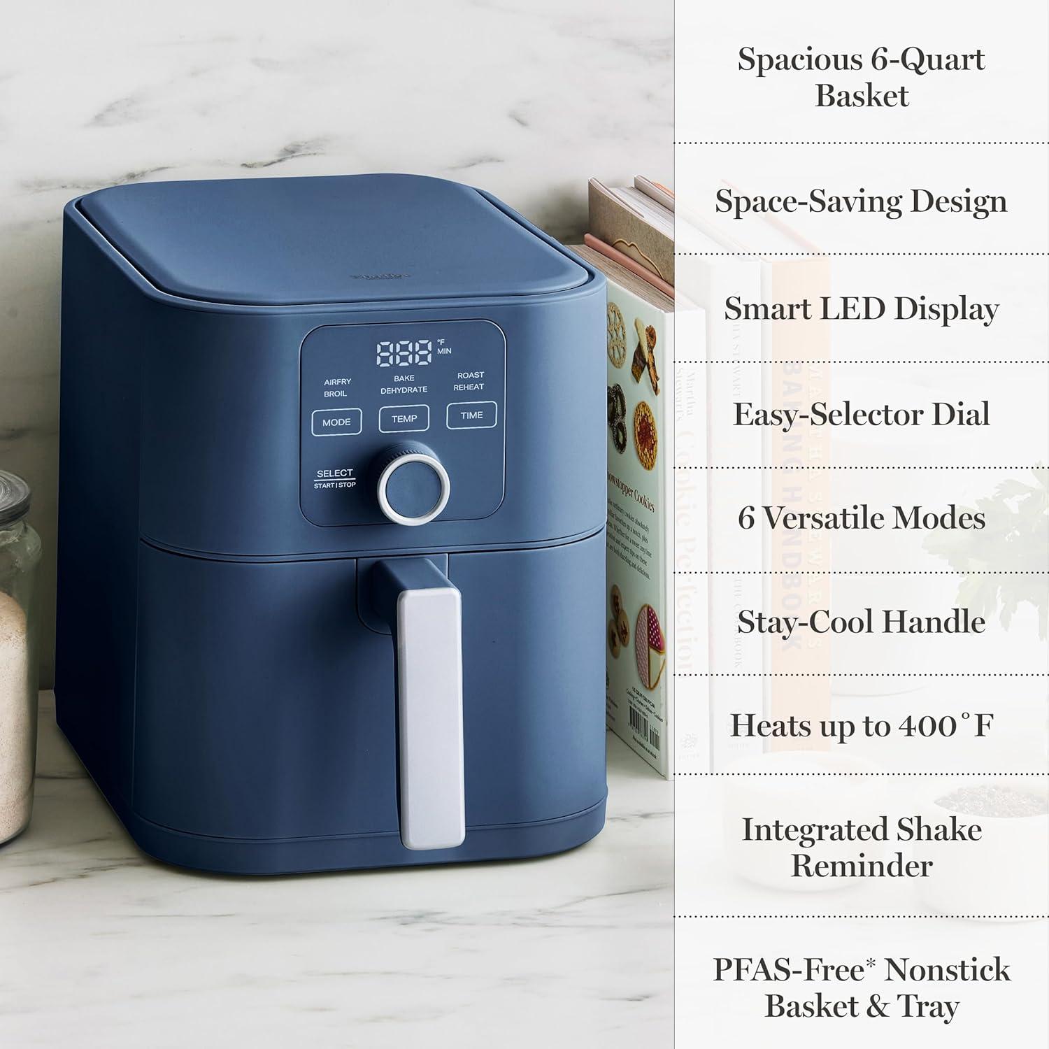 image:imageMartha Stewart 6QT Air Fryer 6in1 Bake Broil Roast Air Fry Dehydrate Reheat Ceramic NonStick Basket Crispy Results Fast 400F Max Temp Shake Reminder Auto ShutOff Linen CreamIndigo Blue