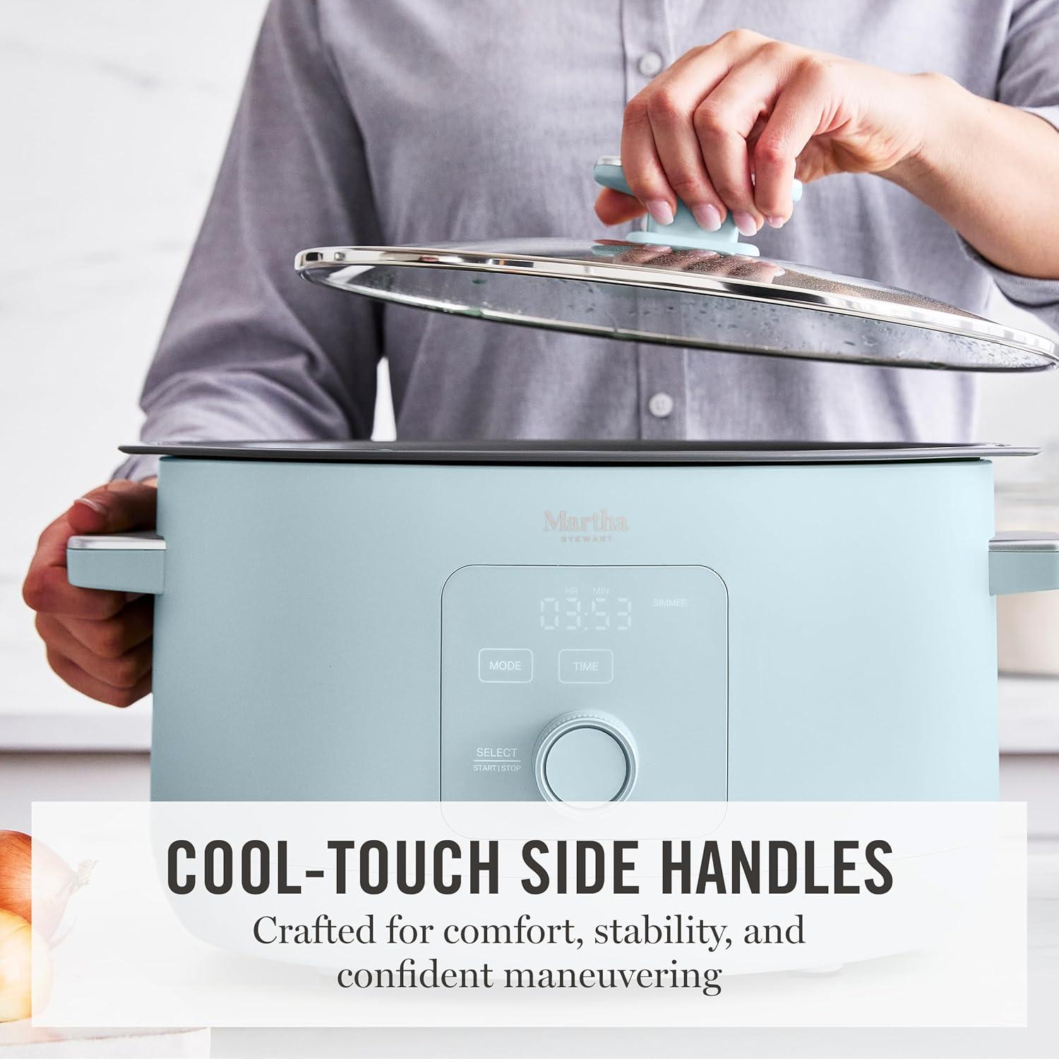 image:imageMartha Stewart 8 QT Slow Cooker Programmable with Timer 3 Heat Settings Low High Warm Nonstick Ceramic Removable Crock Stovetop amp Oven Safe Glass Lid Simmer Reheat Warm LinenSky Blue