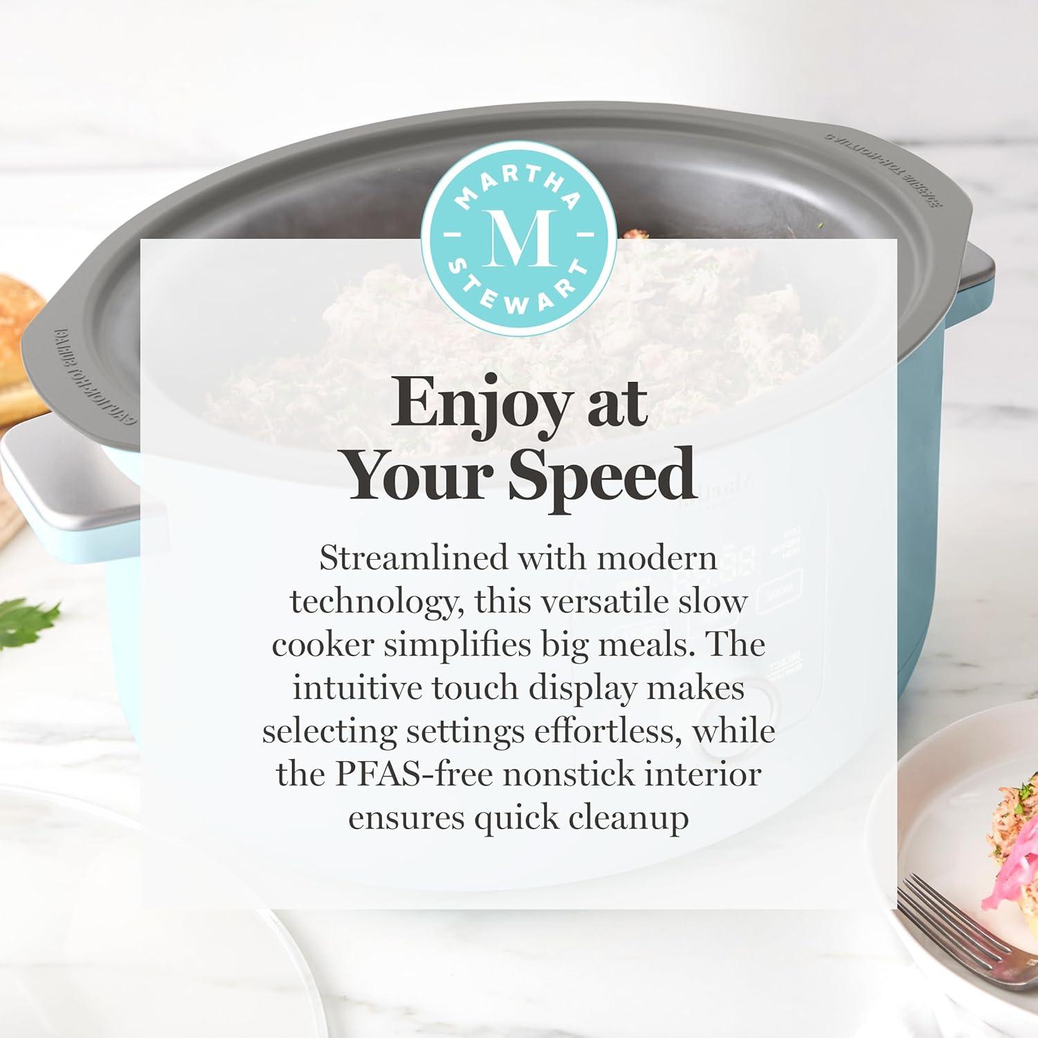 image:imageMartha Stewart 8 QT Slow Cooker Programmable with Timer 3 Heat Settings Low High Warm Nonstick Ceramic Removable Crock Stovetop amp Oven Safe Glass Lid Simmer Reheat Warm LinenSky Blue