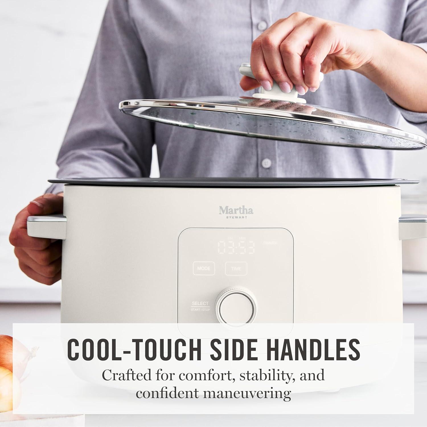 image:imageMartha Stewart 8 QT Slow Cooker Programmable with Timer 3 Heat Settings Low High Warm Nonstick Ceramic Removable Crock Stovetop amp Oven Safe Glass Lid Simmer Reheat Warm LinenLinen White