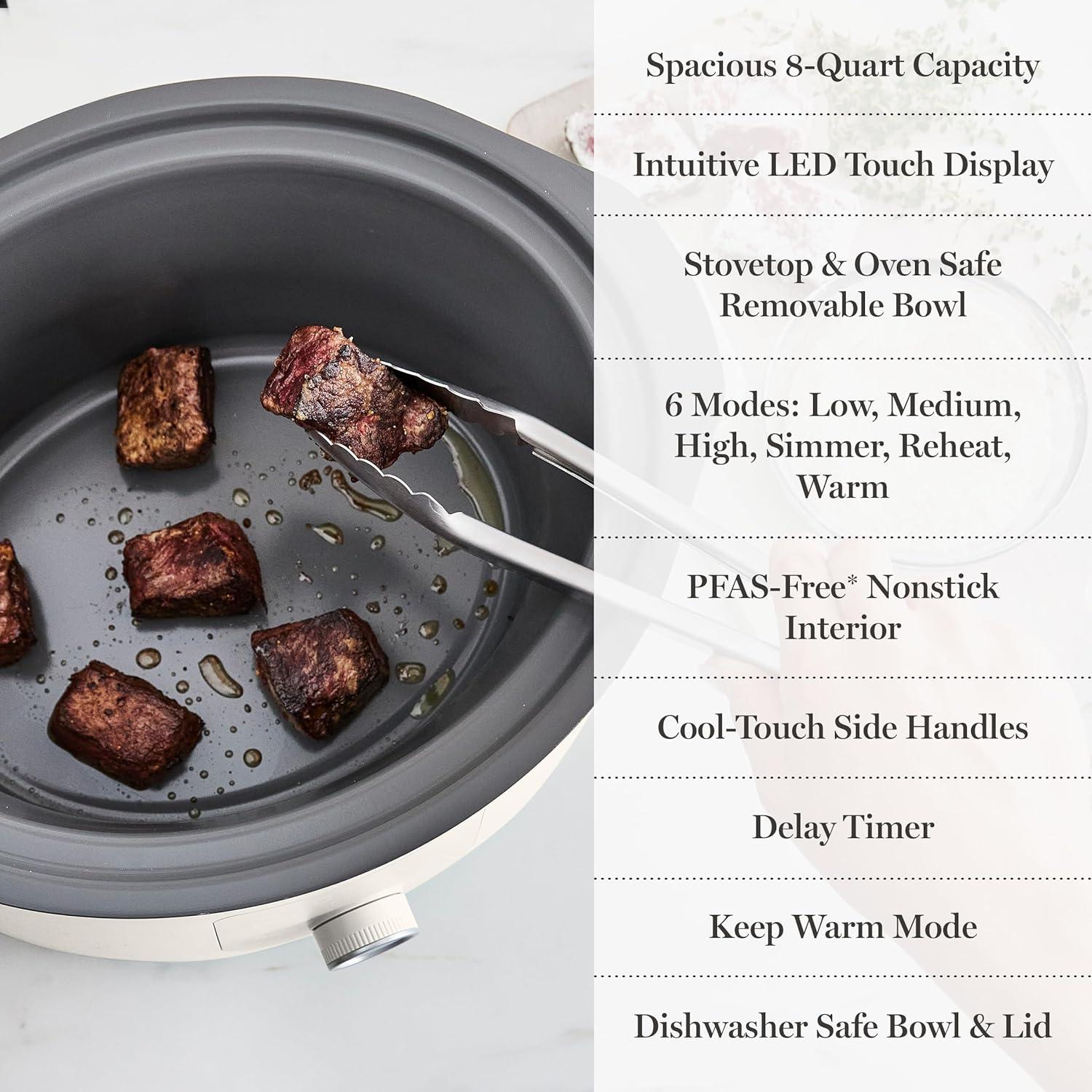 image:imageMartha Stewart 8 QT Slow Cooker Programmable with Timer 3 Heat Settings Low High Warm Nonstick Ceramic Removable Crock Stovetop amp Oven Safe Glass Lid Simmer Reheat Warm LinenLinen White