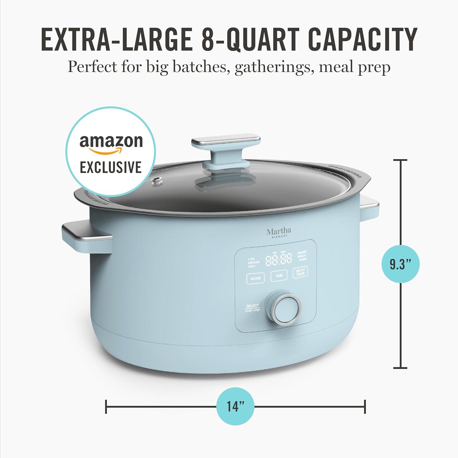 image:imageMartha Stewart 8 QT Slow Cooker Programmable with Timer 3 Heat Settings Low High Warm Nonstick Ceramic Removable Crock Stovetop amp Oven Safe Glass Lid Simmer Reheat Warm LinenSky Blue