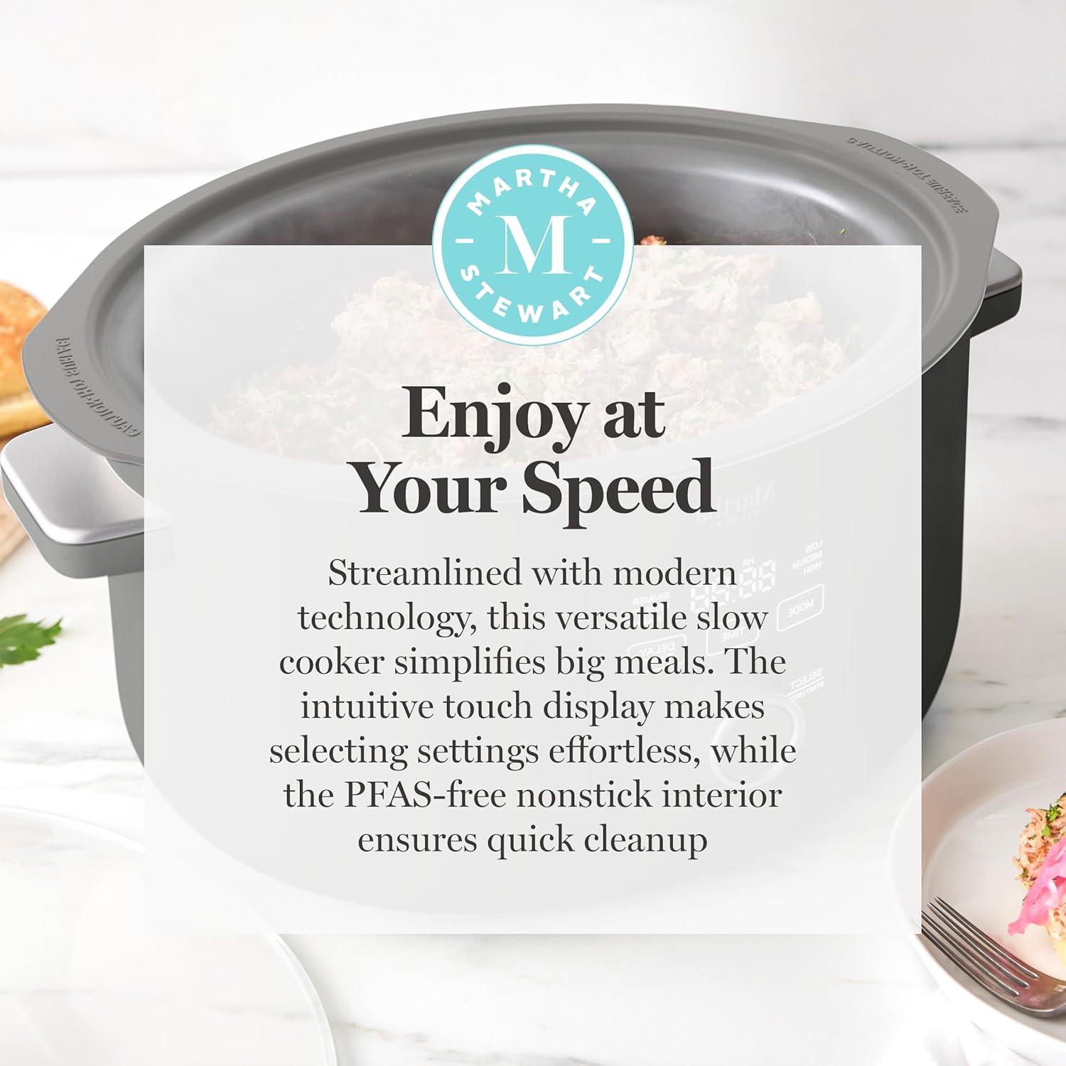 image:imageMartha Stewart 8 QT Slow Cooker Programmable with Timer 3 Heat Settings Low High Warm Nonstick Ceramic Removable Crock Stovetop amp Oven Safe Glass Lid Simmer Reheat Warm LinenCaviar Gray