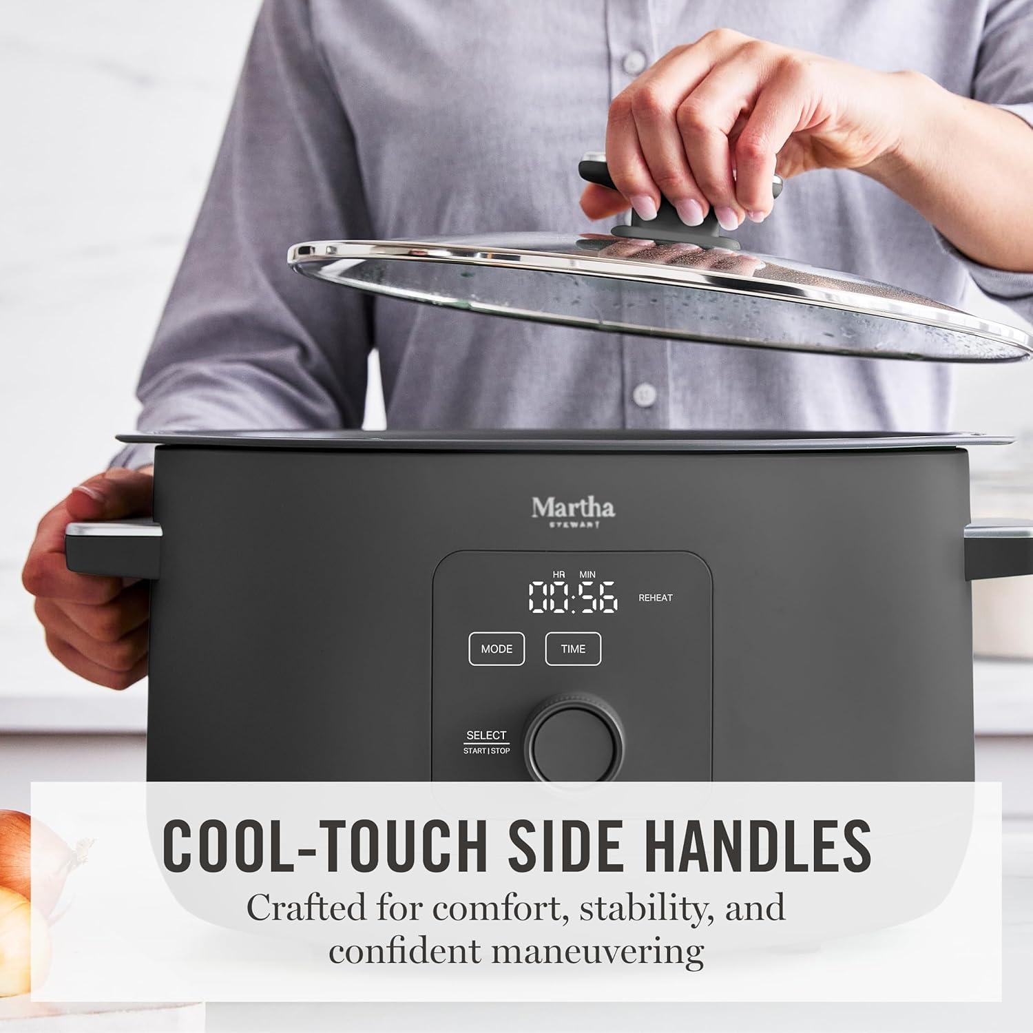 image:imageMartha Stewart 8 QT Slow Cooker Programmable with Timer 3 Heat Settings Low High Warm Nonstick Ceramic Removable Crock Stovetop amp Oven Safe Glass Lid Simmer Reheat Warm LinenCaviar Gray