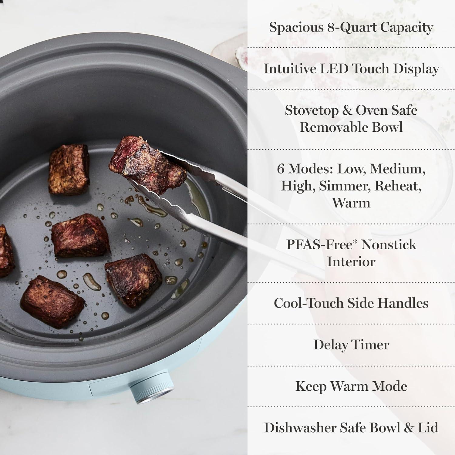 image:imageMartha Stewart 8 QT Slow Cooker Programmable with Timer 3 Heat Settings Low High Warm Nonstick Ceramic Removable Crock Stovetop amp Oven Safe Glass Lid Simmer Reheat Warm LinenSky Blue