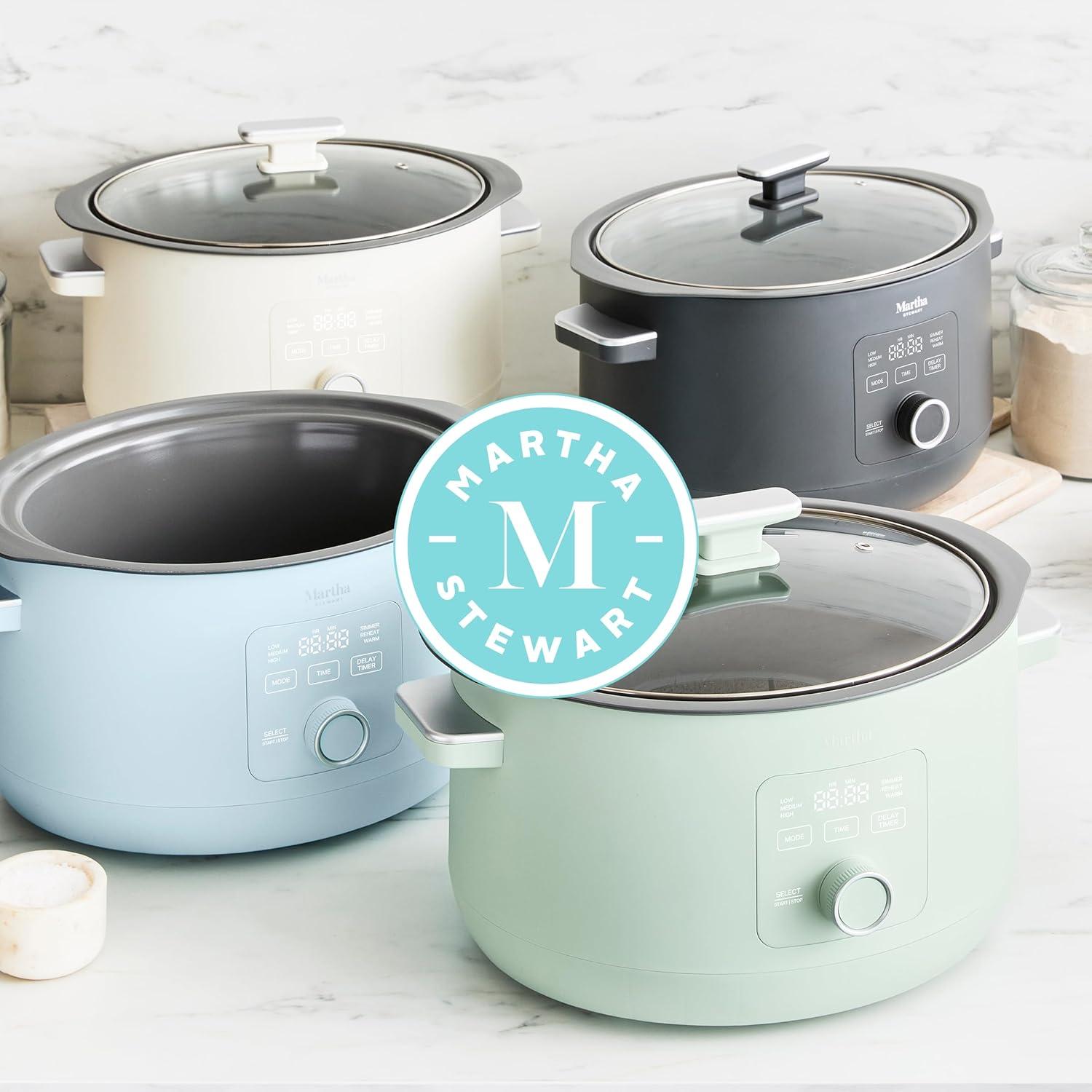 image:imageMartha Stewart 8 QT Slow Cooker Programmable with Timer 3 Heat Settings Low High Warm Nonstick Ceramic Removable Crock Stovetop amp Oven Safe Glass Lid Simmer Reheat Warm LinenLinen White