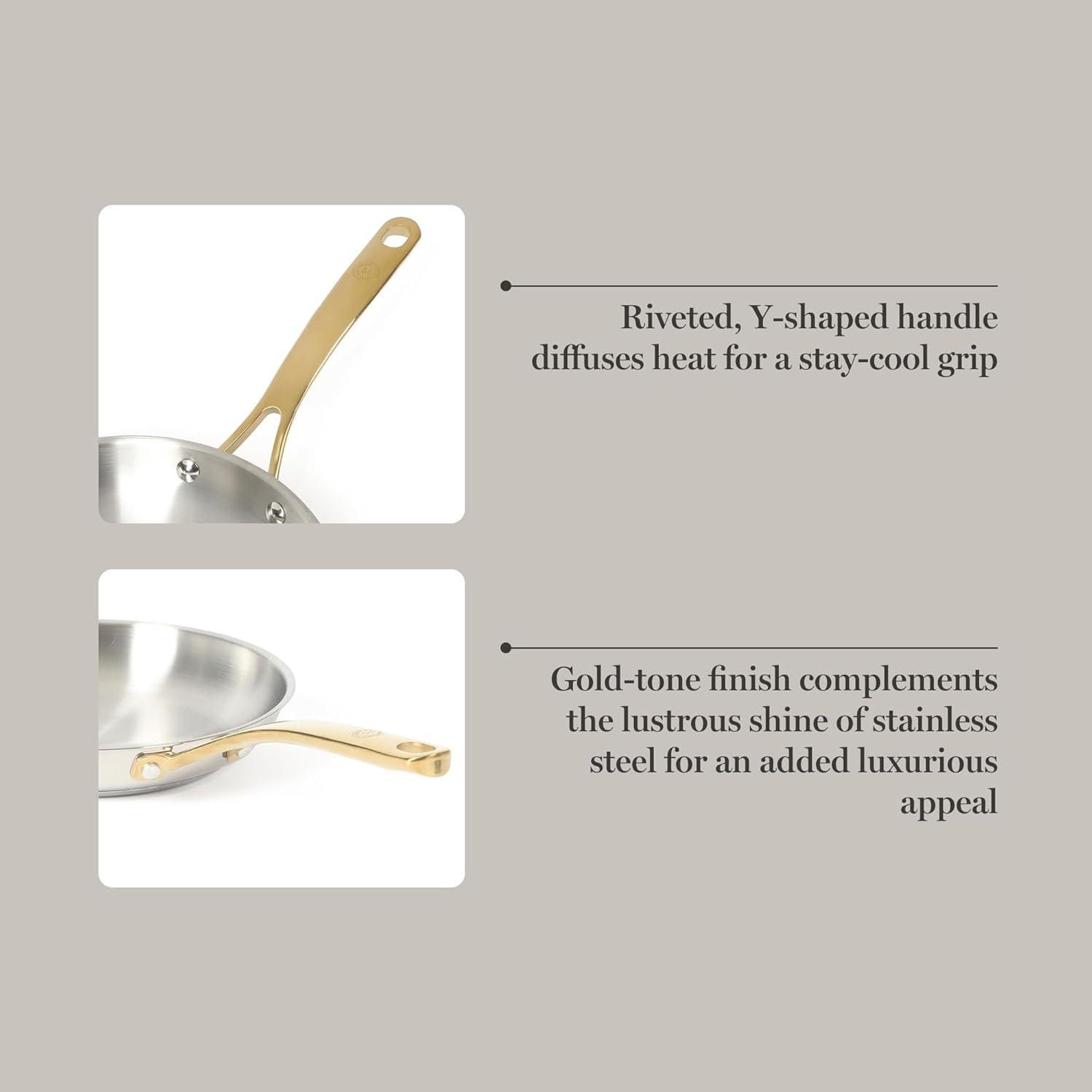 image:imageMartha Stewart Castelle 12Inch Stainless Steel Frying Pan with GoldTone Handle TriPly Encapsulated Bottom Oven Safe amp Induction Safe Skillet for Searing and SautingStainless Steel W Gold Handle