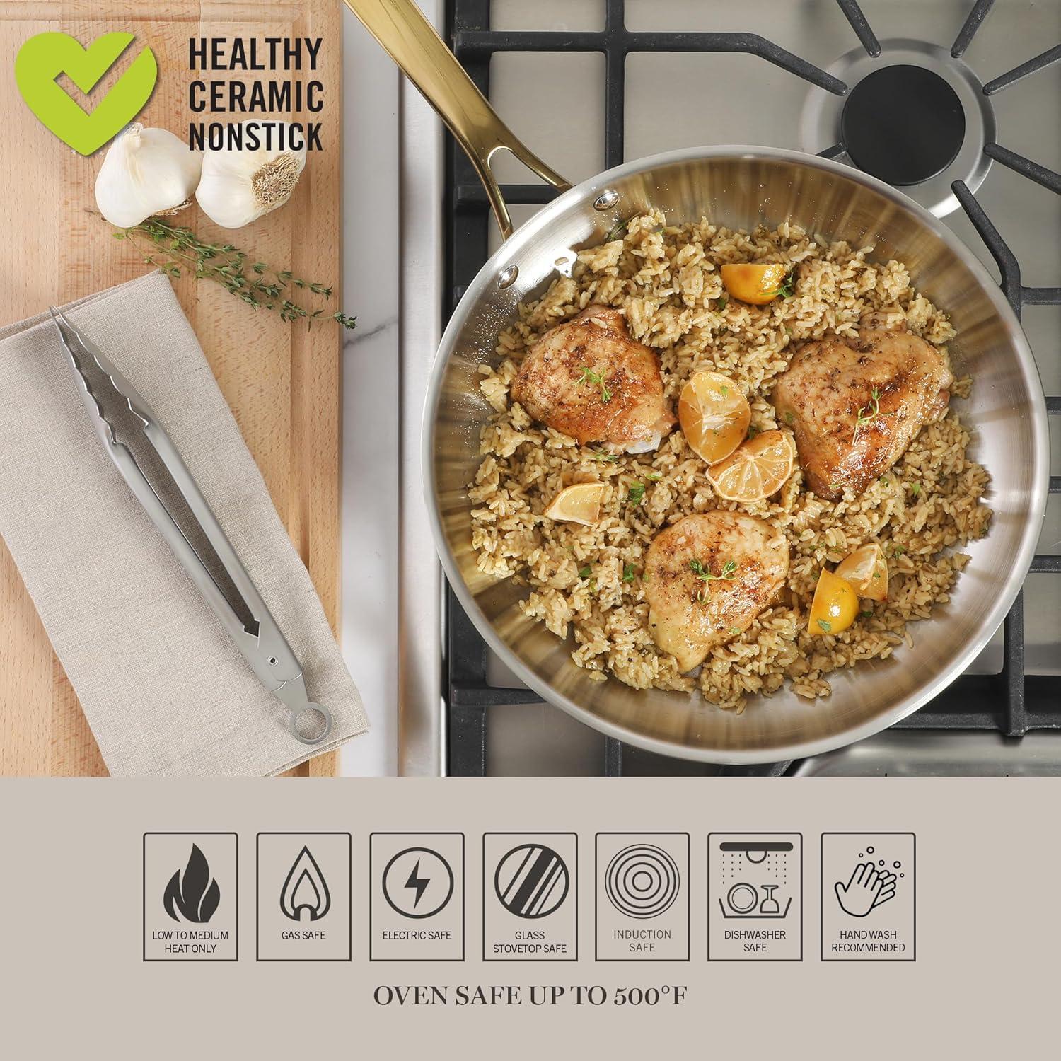 image:imageMartha Stewart Castelle 12Inch Stainless Steel Frying Pan with GoldTone Handle TriPly Encapsulated Bottom Oven Safe amp Induction Safe Skillet for Searing and SautingStainless Steel W Gold Handle