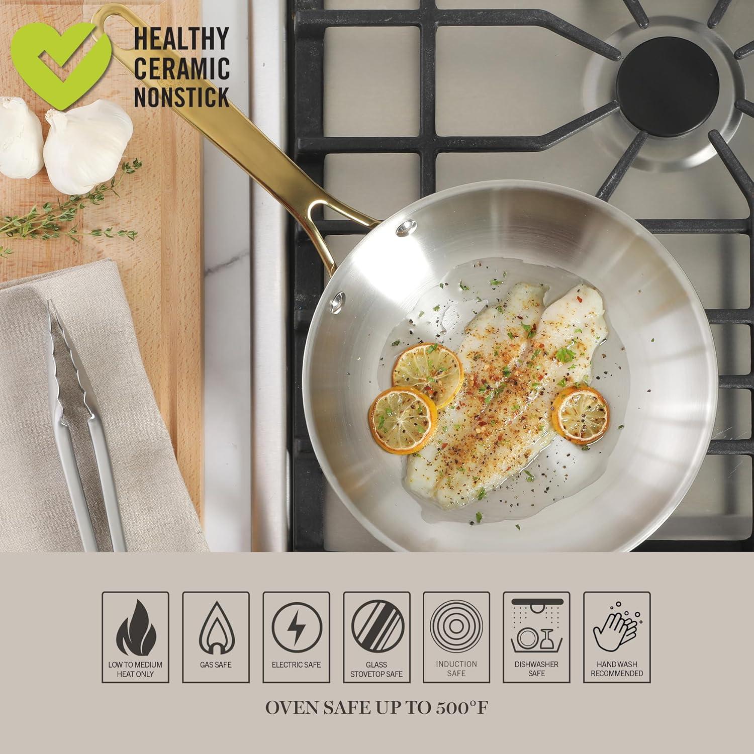 image:imageMartha Stewart Castelle 12Inch Stainless Steel Frying Pan with GoldTone Handle TriPly Encapsulated Bottom Oven Safe amp Induction Safe Skillet for Searing and SautingStainless Steel W Gold Handle