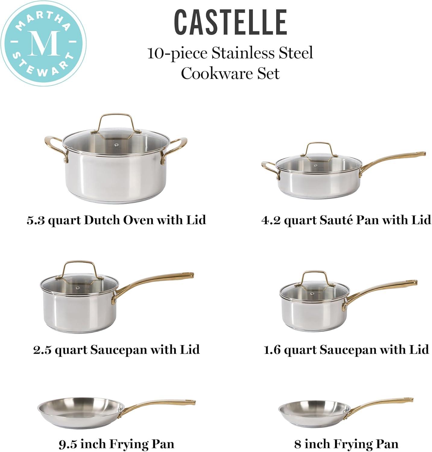 image:imageMartha Stewart Castelle 12Inch Stainless Steel Frying Pan with GoldTone Handle TriPly Encapsulated Bottom Oven Safe amp Induction Safe Skillet for Searing and SautingStainless Steel W Gold Handle