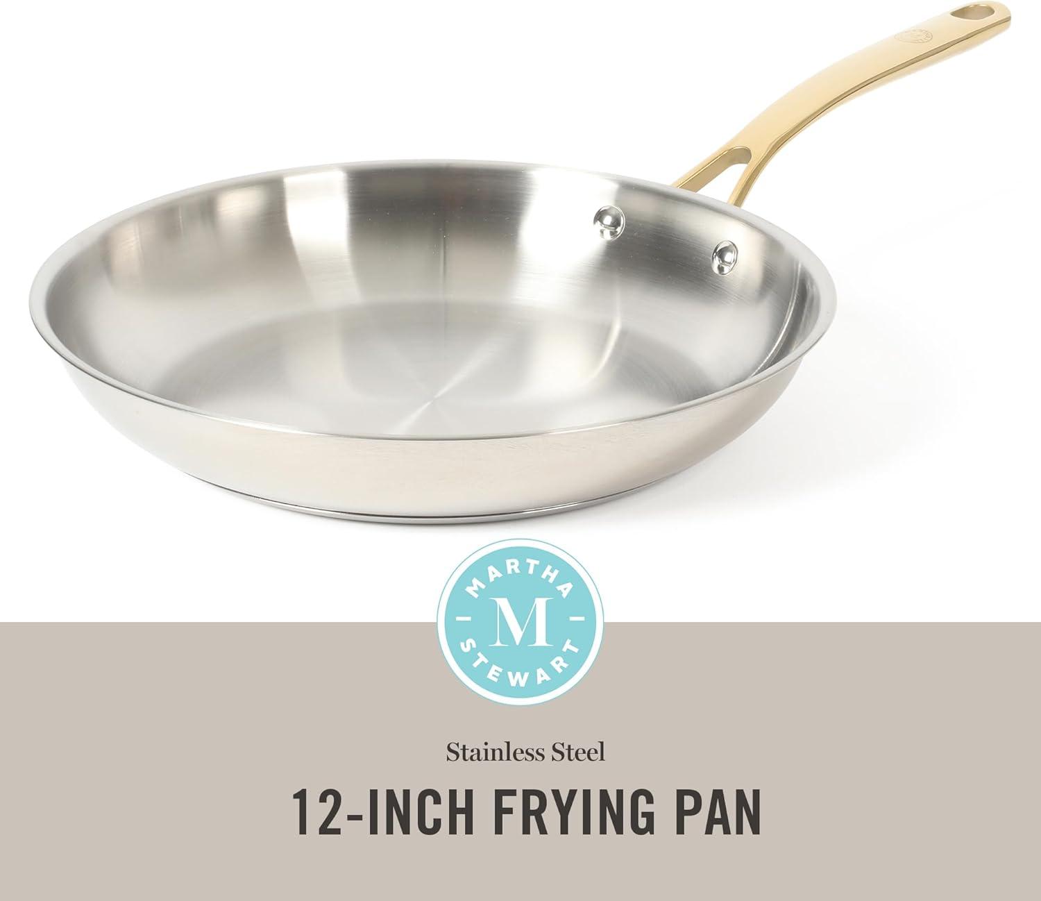 image:imageMartha Stewart Castelle 12Inch Stainless Steel Frying Pan with GoldTone Handle TriPly Encapsulated Bottom Oven Safe amp Induction Safe Skillet for Searing and SautingStainless Steel W Gold Handle