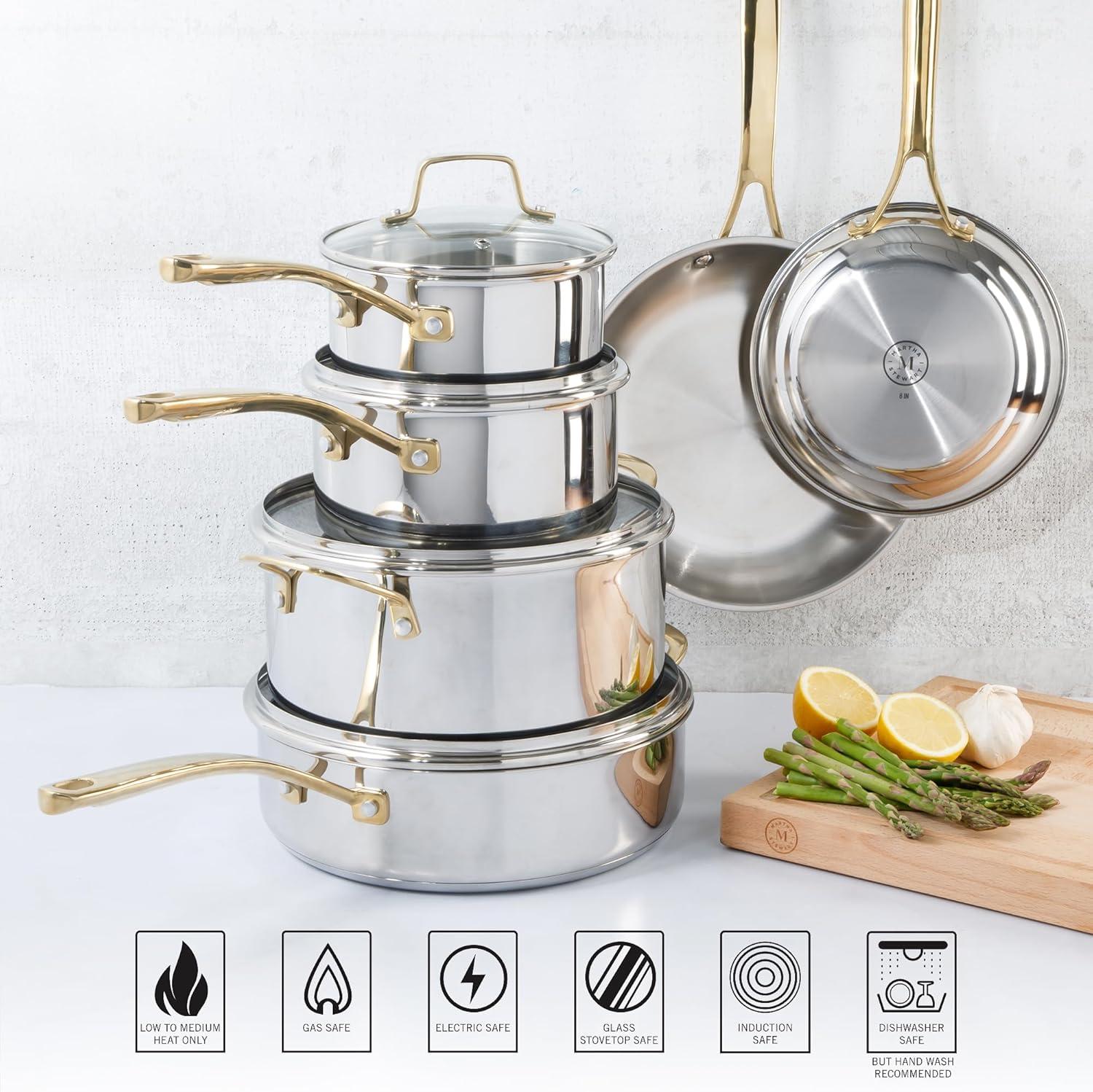 image:imageMartha Stewart Castelle 12Inch Stainless Steel Frying Pan with GoldTone Handle TriPly Encapsulated Bottom Oven Safe amp Induction Safe Skillet for Searing and SautingStainless Steel W Gold Handle