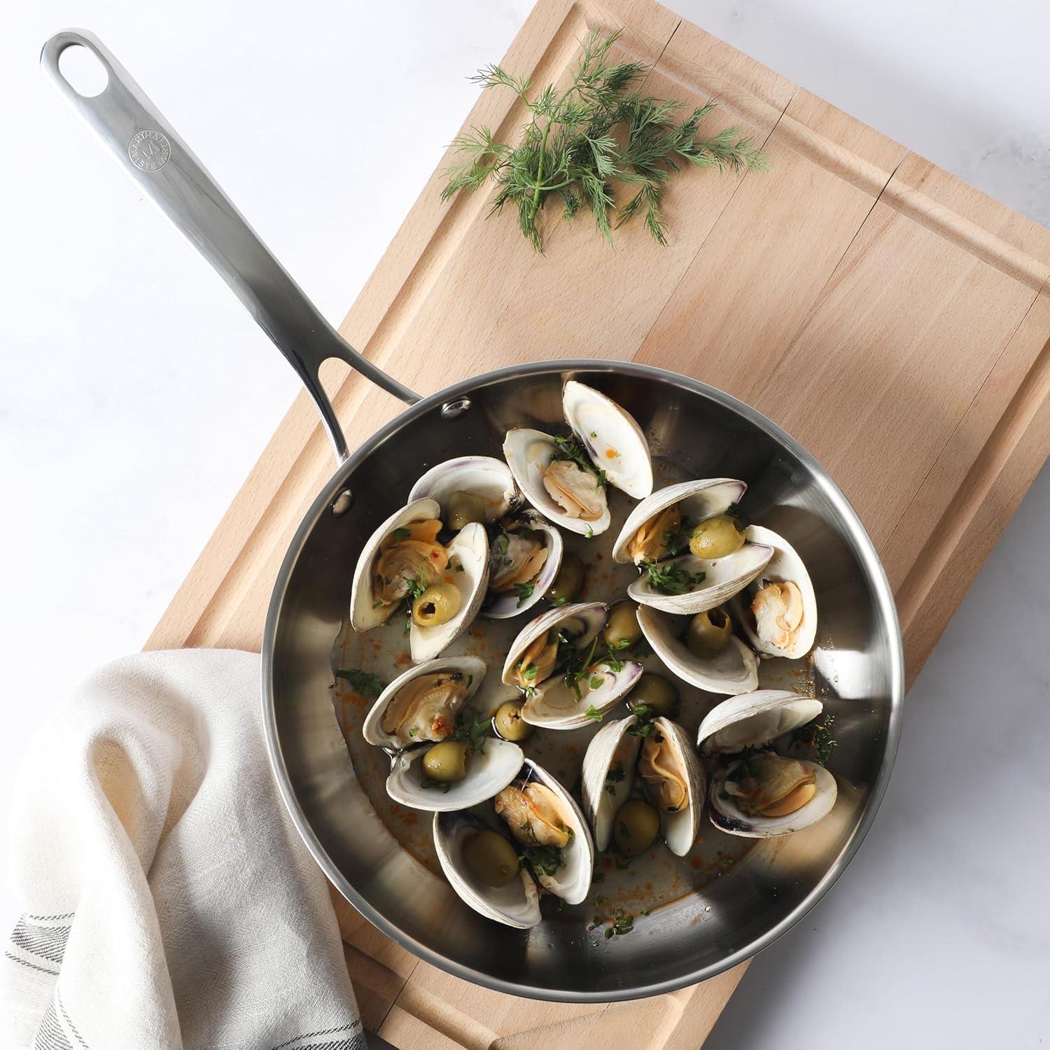 image:imageMartha Stewart Castelle 12Inch Stainless Steel Frying Pan with GoldTone Handle TriPly Encapsulated Bottom Oven Safe amp Induction Safe Skillet for Searing and SautingStainless Steel