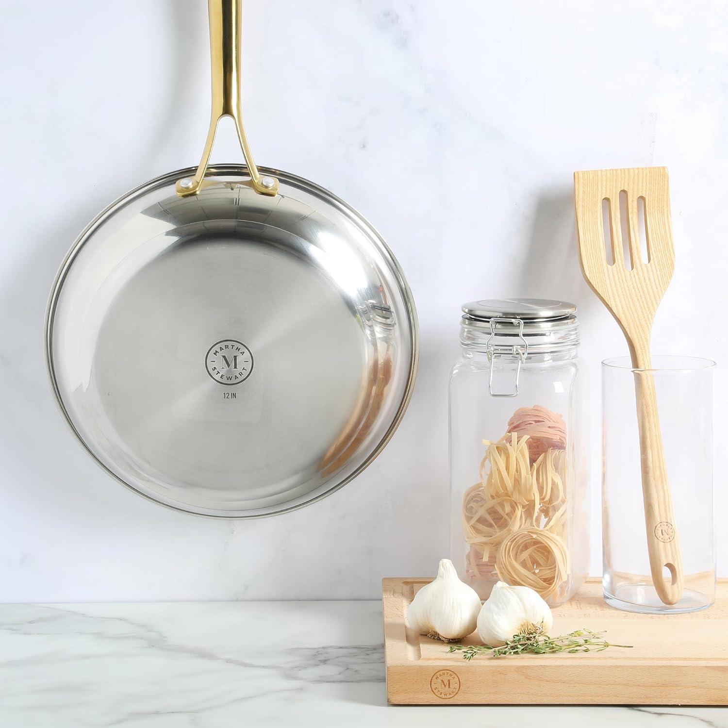 image:imageMartha Stewart Castelle 12Inch Stainless Steel Frying Pan with GoldTone Handle TriPly Encapsulated Bottom Oven Safe amp Induction Safe Skillet for Searing and SautingStainless Steel W Gold Handle