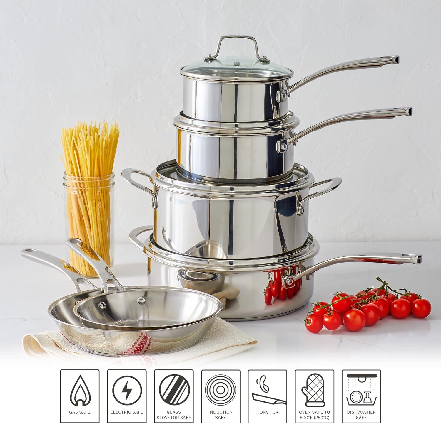 image:imageMartha Stewart Castelle 12Inch Stainless Steel Frying Pan with GoldTone Handle TriPly Encapsulated Bottom Oven Safe amp Induction Safe Skillet for Searing and SautingStainless Steel