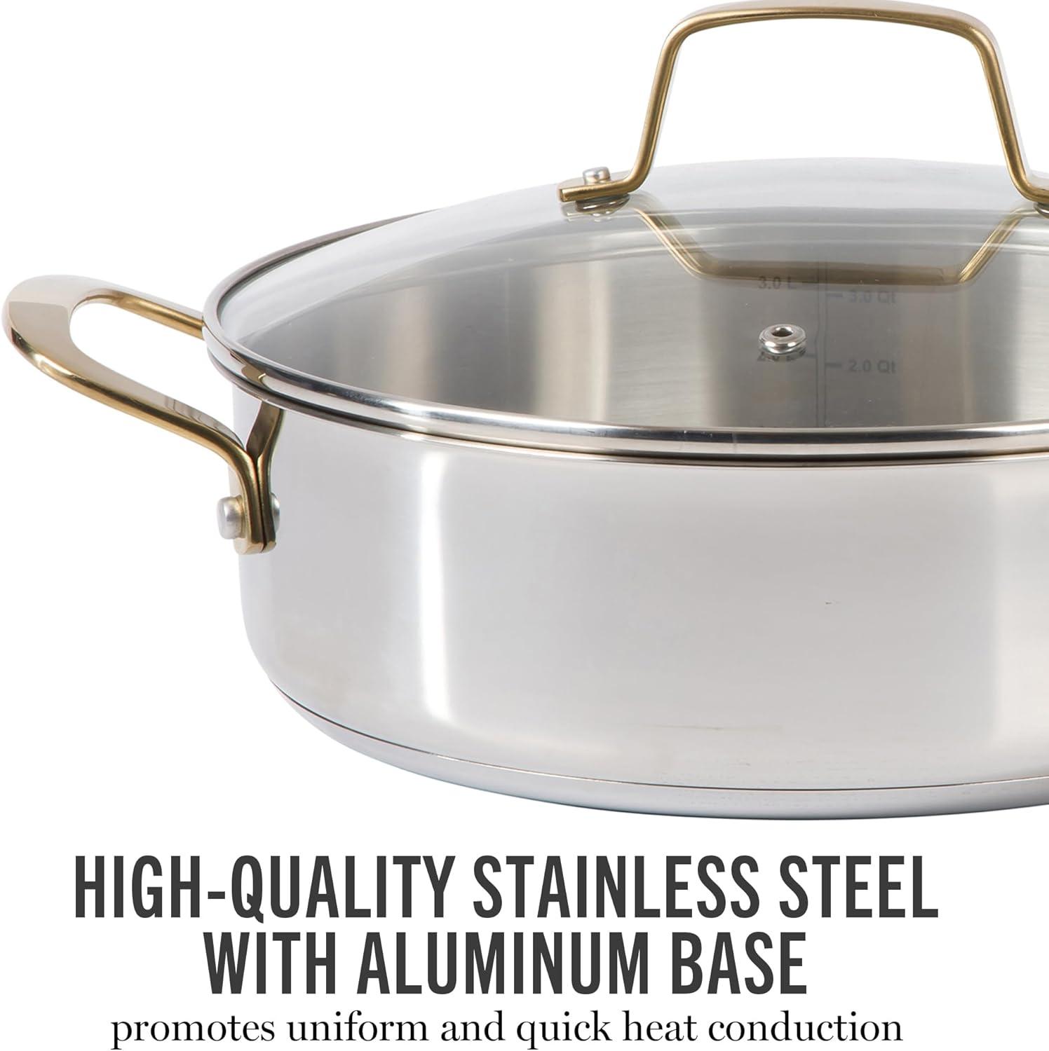 image:imageMartha Stewart Castelle 12Inch Stainless Steel Frying Pan with GoldTone Handle TriPly Encapsulated Bottom Oven Safe amp Induction Safe Skillet for Searing and SautingStainless Steel W Gold Handle