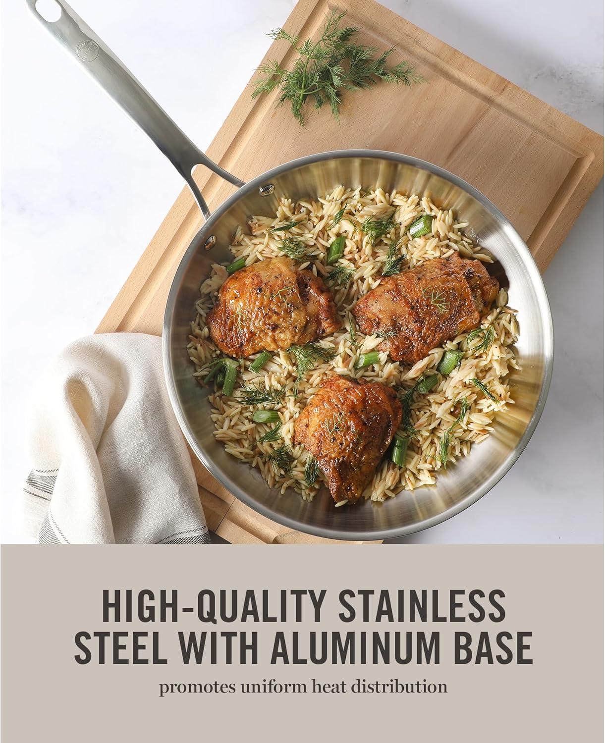 image:imageMartha Stewart Castelle 12Inch Stainless Steel Frying Pan with GoldTone Handle TriPly Encapsulated Bottom Oven Safe amp Induction Safe Skillet for Searing and SautingStainless Steel