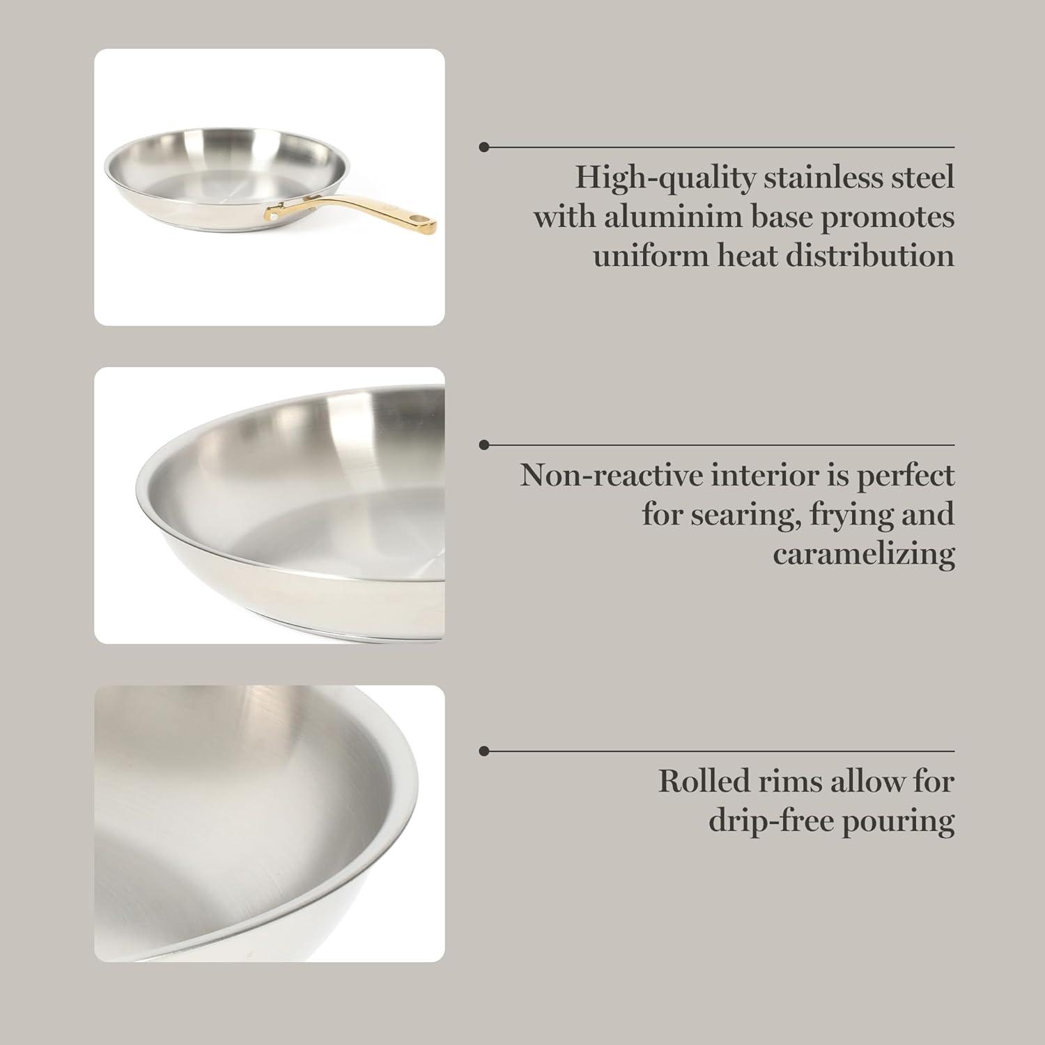 image:imageMartha Stewart Castelle 12Inch Stainless Steel Frying Pan with GoldTone Handle TriPly Encapsulated Bottom Oven Safe amp Induction Safe Skillet for Searing and SautingStainless Steel W Gold Handle