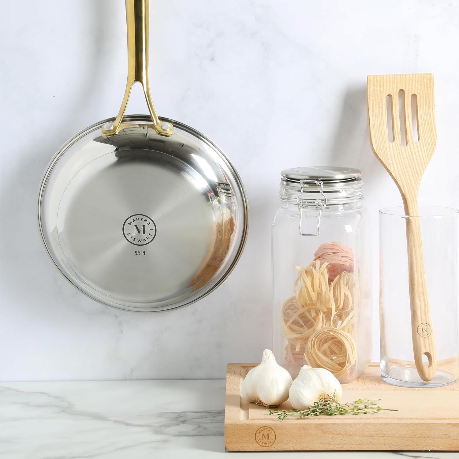 image:imageMartha Stewart Castelle 12Inch Stainless Steel Frying Pan with GoldTone Handle TriPly Encapsulated Bottom Oven Safe amp Induction Safe Skillet for Searing and SautingStainless Steel W Gold Handle