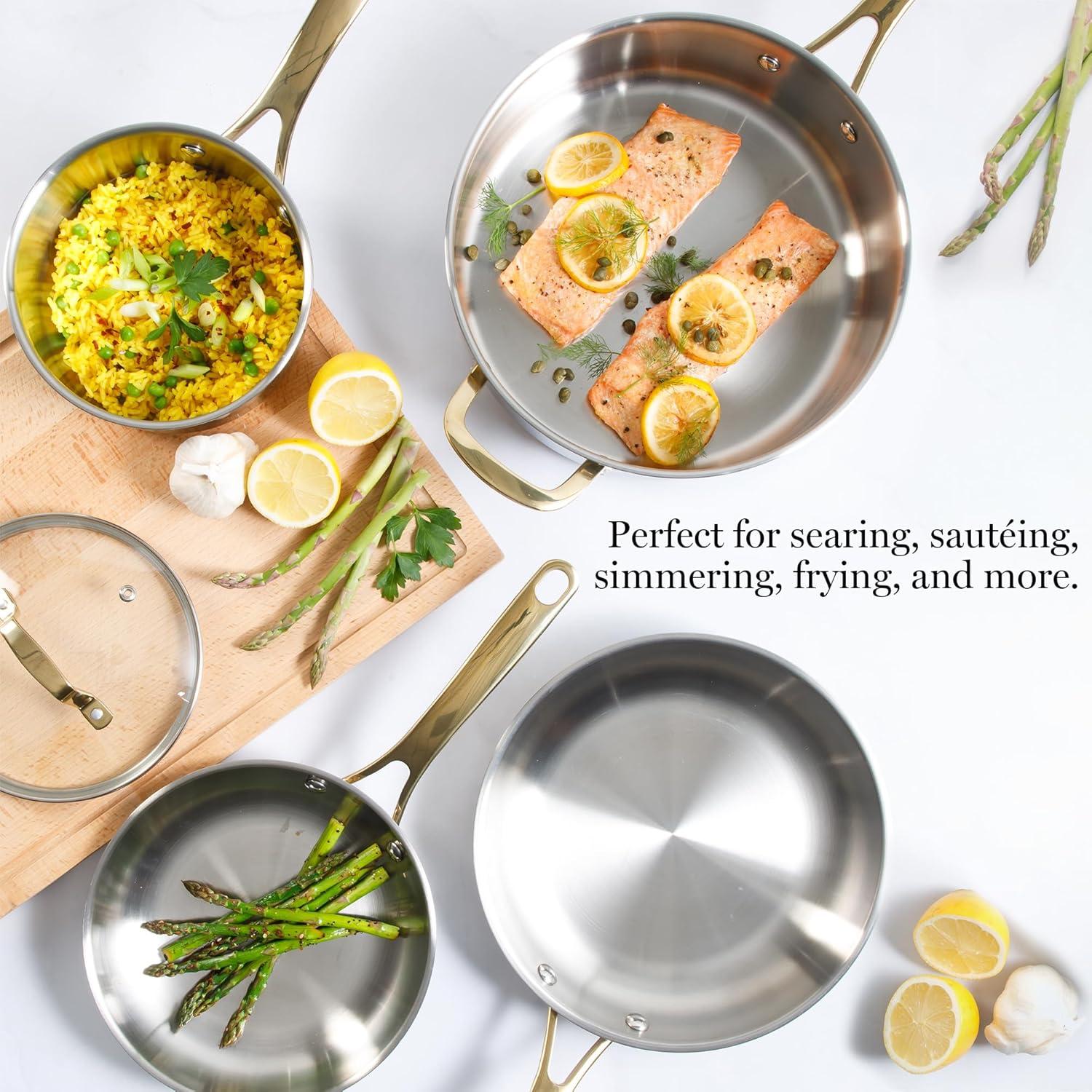 image:imageMartha Stewart Castelle 12Inch Stainless Steel Frying Pan with GoldTone Handle TriPly Encapsulated Bottom Oven Safe amp Induction Safe Skillet for Searing and SautingStainless Steel W Gold Handle