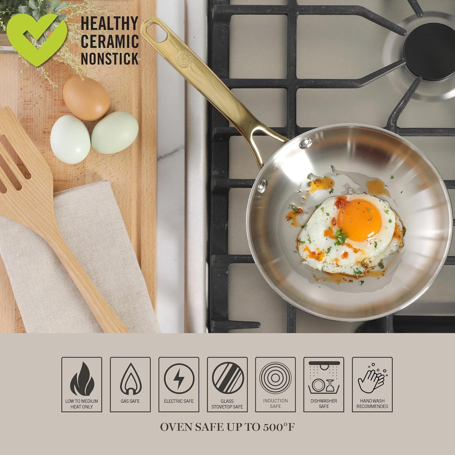 image:imageMartha Stewart Castelle 12Inch Stainless Steel Frying Pan with GoldTone Handle TriPly Encapsulated Bottom Oven Safe amp Induction Safe Skillet for Searing and SautingStainless Steel W Gold Handle