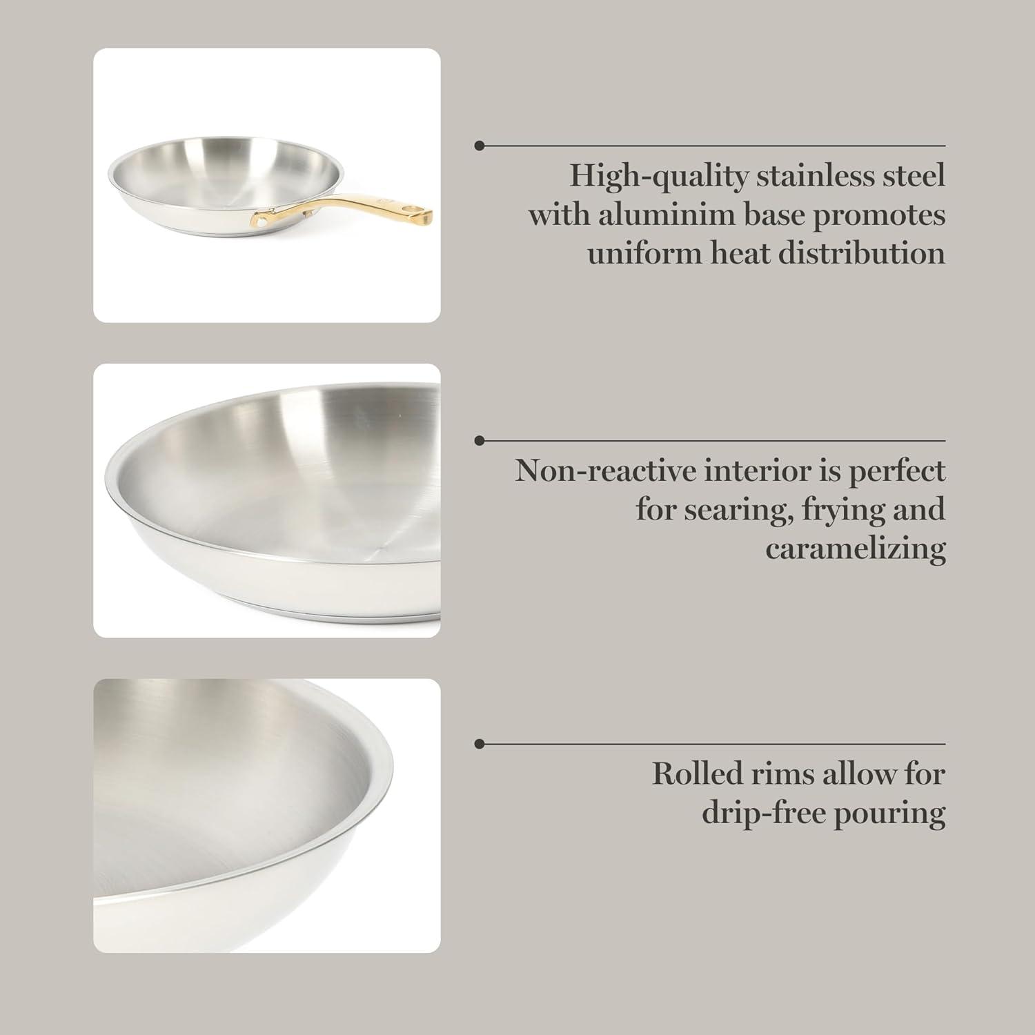 image:imageMartha Stewart Castelle 12Inch Stainless Steel Frying Pan with GoldTone Handle TriPly Encapsulated Bottom Oven Safe amp Induction Safe Skillet for Searing and SautingStainless Steel W Gold Handle