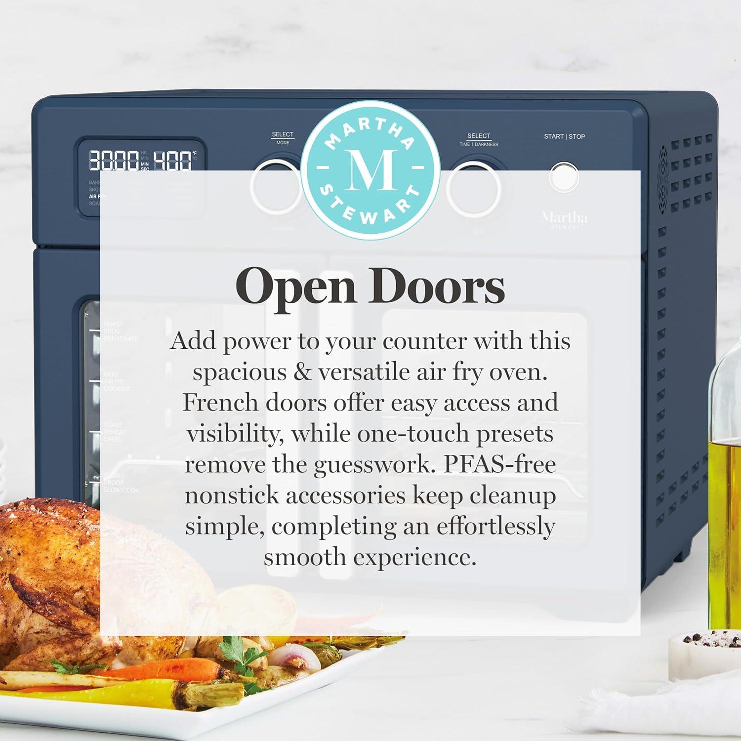 image:imageMartha Stewart French Door Air Fryer Toaster Oven Combo 34QT Countertop Convection 12in1 Bake Broil Roast Fits 12 PizzaDehydrate5 Accessories Air Fry Basket Stainless Steel Linen WhiteIndigo Blue