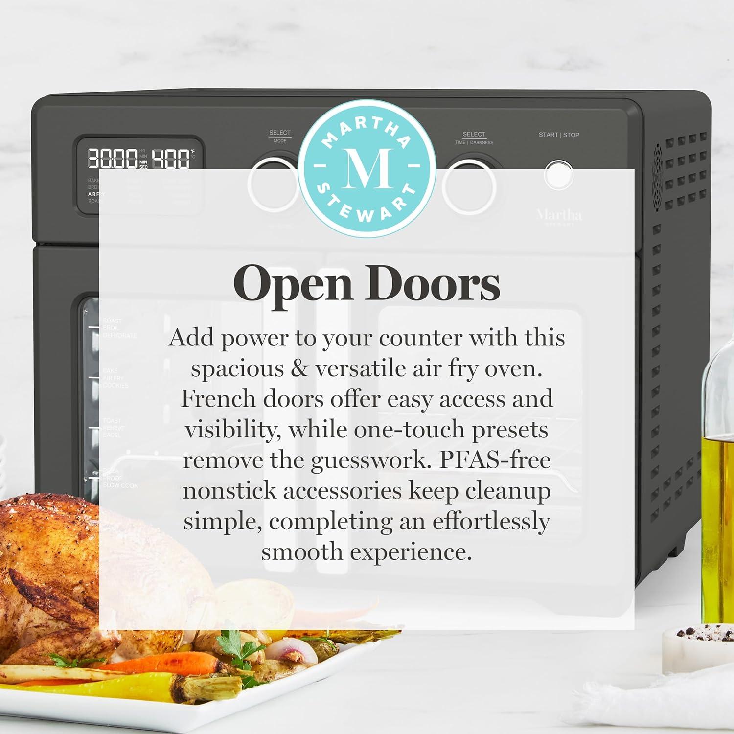 image:imageMartha Stewart French Door Air Fryer Toaster Oven Combo 34QT Countertop Convection 12in1 Bake Broil Roast Fits 12 PizzaDehydrate5 Accessories Air Fry Basket Stainless Steel Linen WhiteCaviar Gray