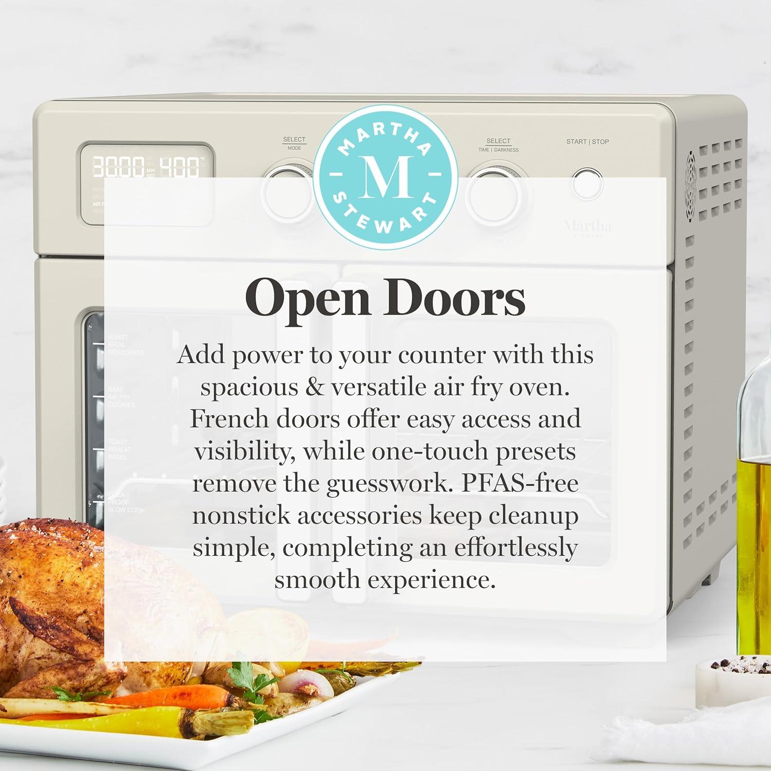 image:imageMartha Stewart French Door Air Fryer Toaster Oven Combo 34QT Countertop Convection 12in1 Bake Broil Roast Fits 12 PizzaDehydrate5 Accessories Air Fry Basket Stainless Steel Linen WhiteLinen White