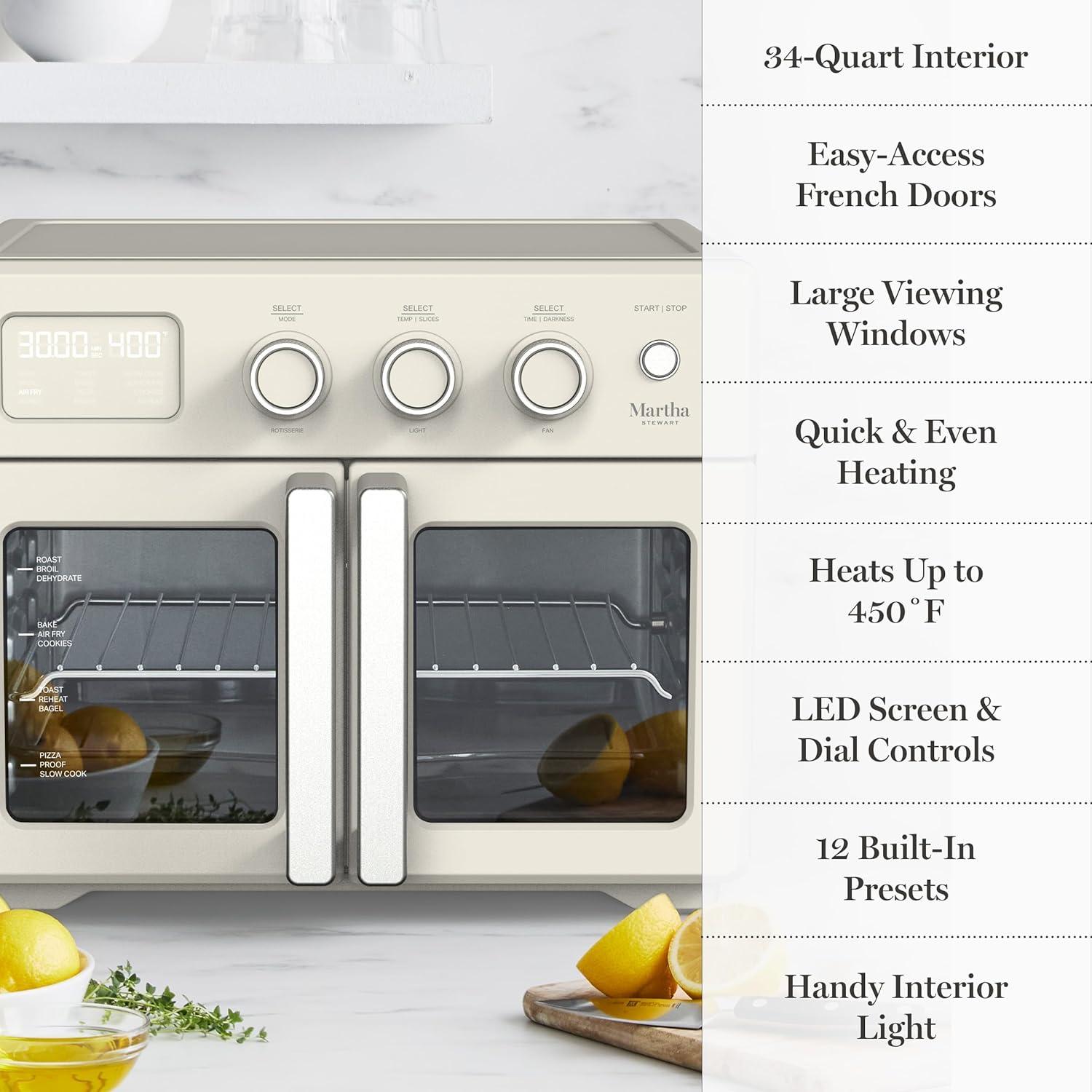 image:imageMartha Stewart French Door Air Fryer Toaster Oven Combo 34QT Countertop Convection 12in1 Bake Broil Roast Fits 12 PizzaDehydrate5 Accessories Air Fry Basket Stainless Steel Linen WhiteLinen White