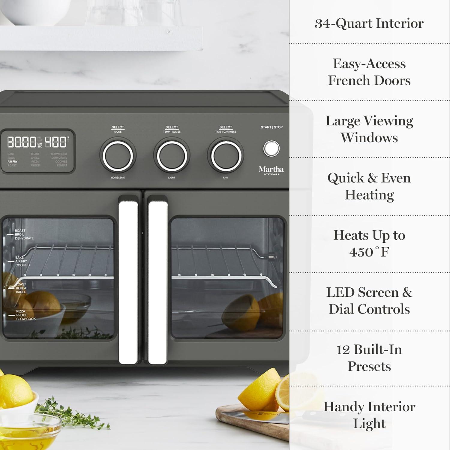image:imageMartha Stewart French Door Air Fryer Toaster Oven Combo 34QT Countertop Convection 12in1 Bake Broil Roast Fits 12 PizzaDehydrate5 Accessories Air Fry Basket Stainless Steel Linen WhiteCaviar Gray