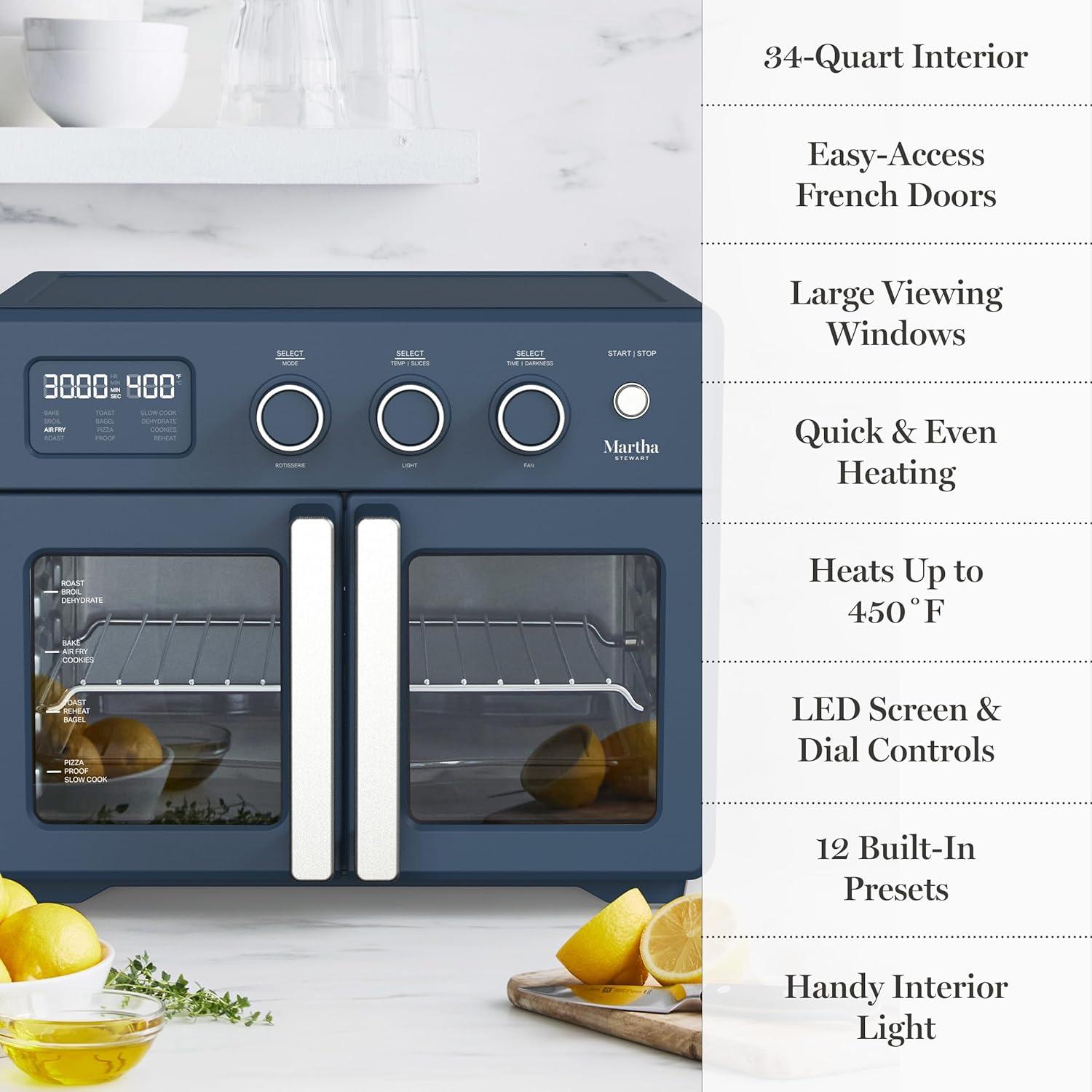 image:imageMartha Stewart French Door Air Fryer Toaster Oven Combo 34QT Countertop Convection 12in1 Bake Broil Roast Fits 12 PizzaDehydrate5 Accessories Air Fry Basket Stainless Steel Linen WhiteIndigo Blue